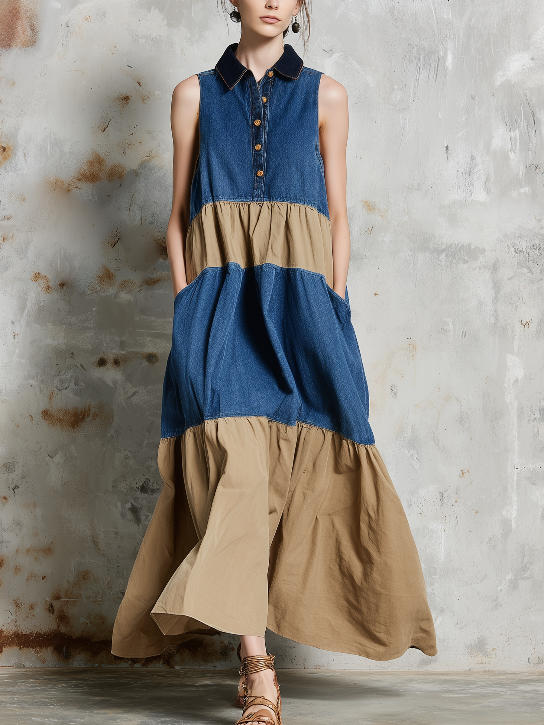 Color Block Denim Tiered Maxi Dress