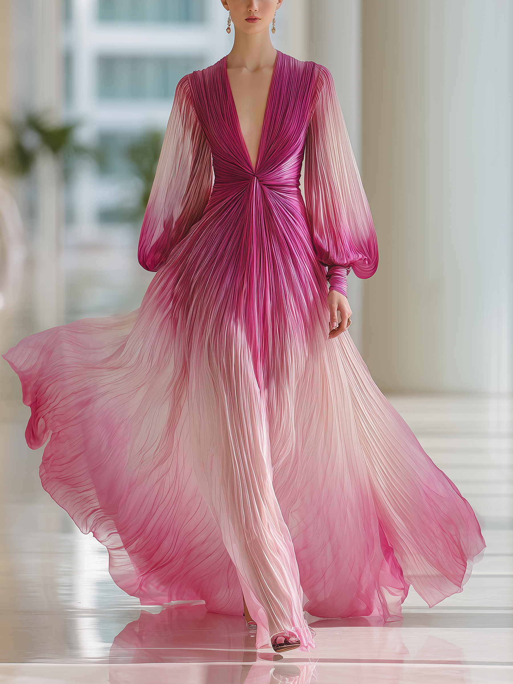 Fuchsia-to-Blush Ombré Pleated Chiffon Maxi Gown With Deep V-Neck