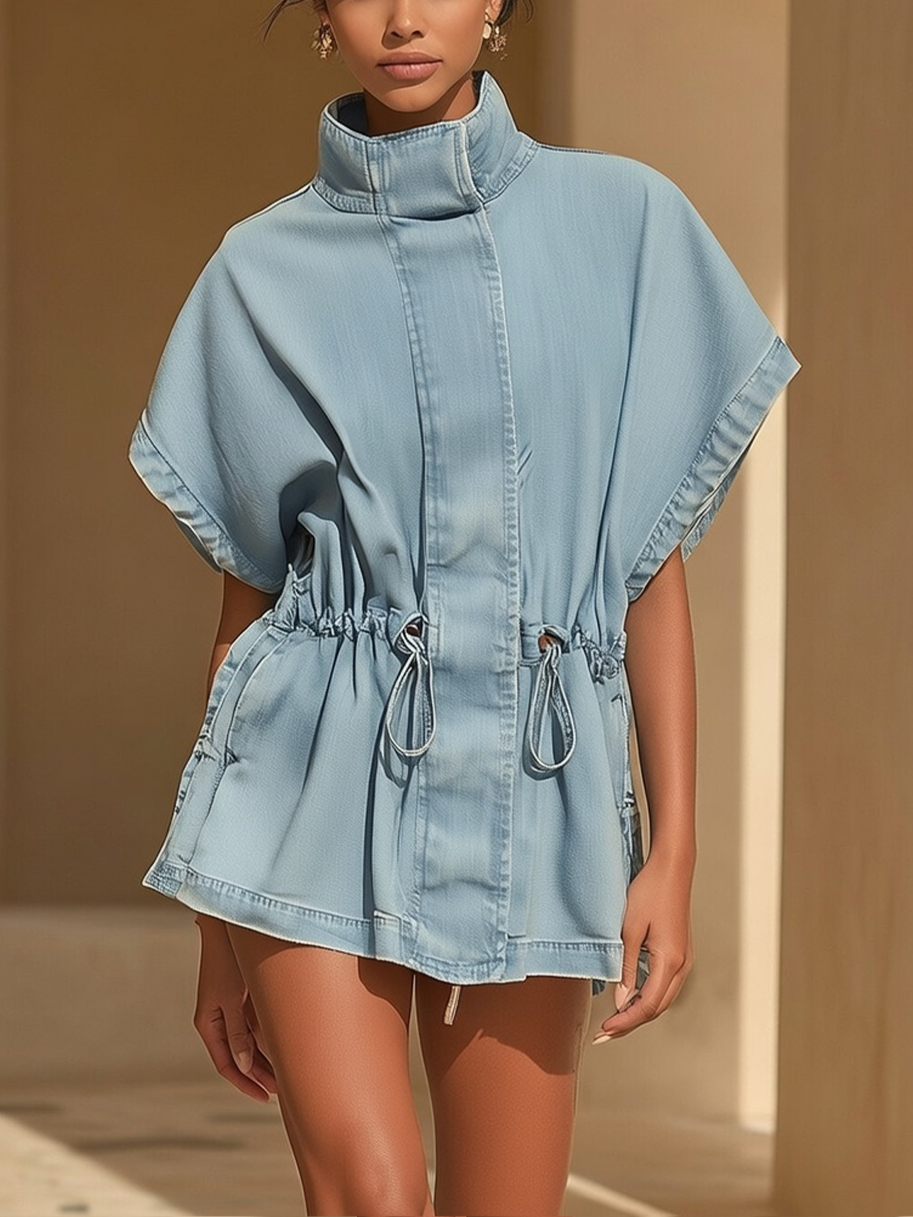 Light Wash Adjustable Waist Denim Mini Dress