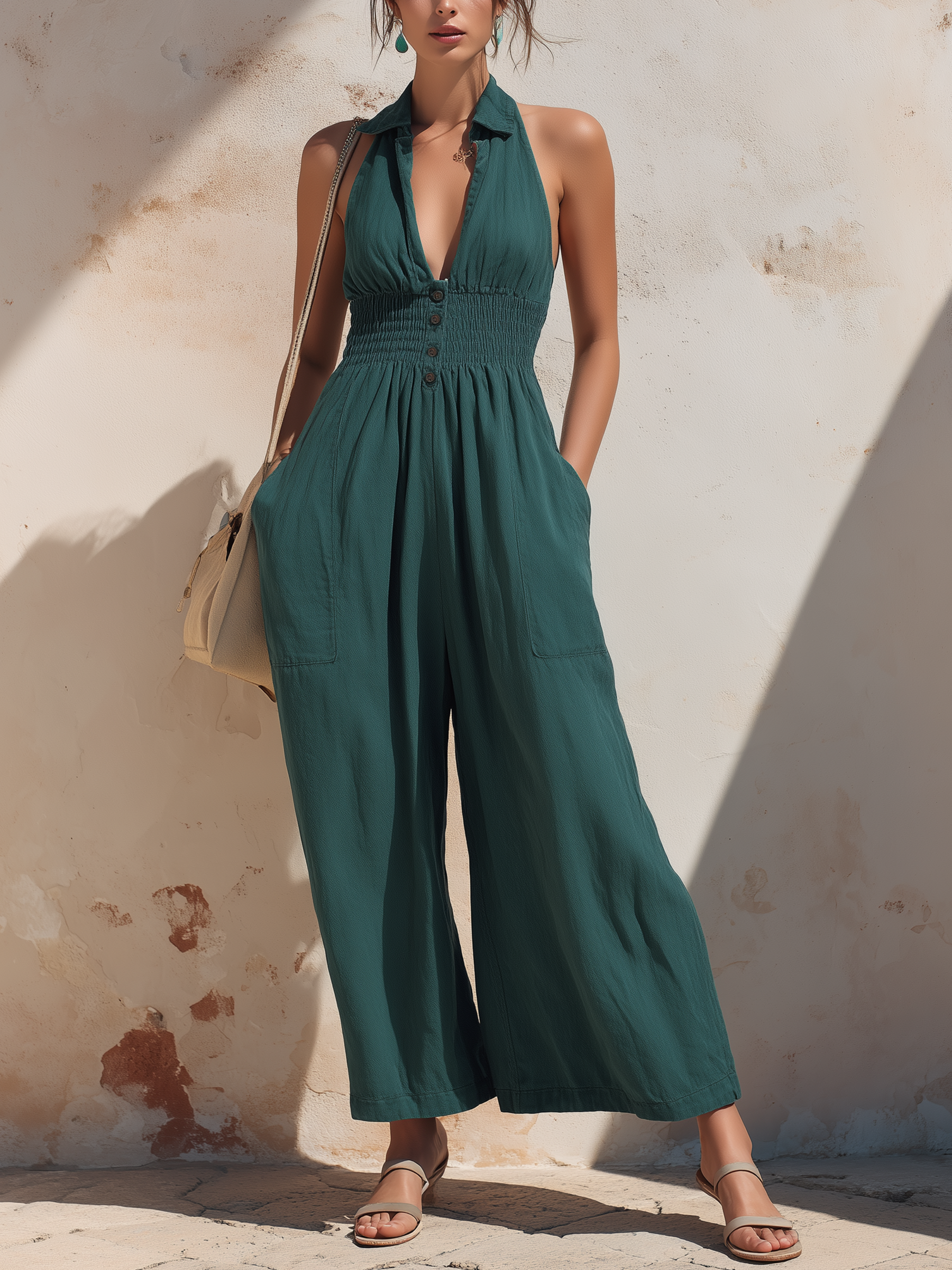 Halter Neck Smocked Waist Cotton Linen Jumpsuit