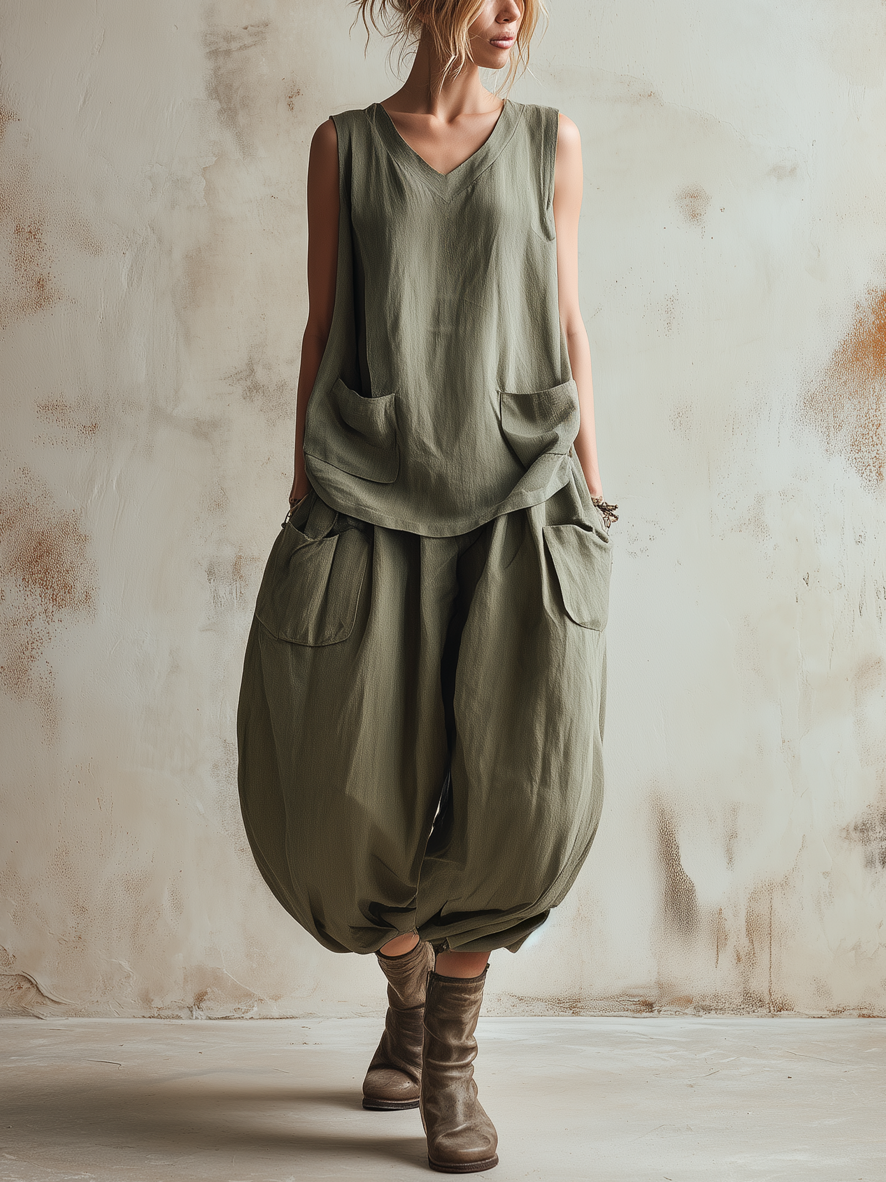 Oversized Pocketed V-Neck Top & Balloon Cropped Pants Two-Piece Set