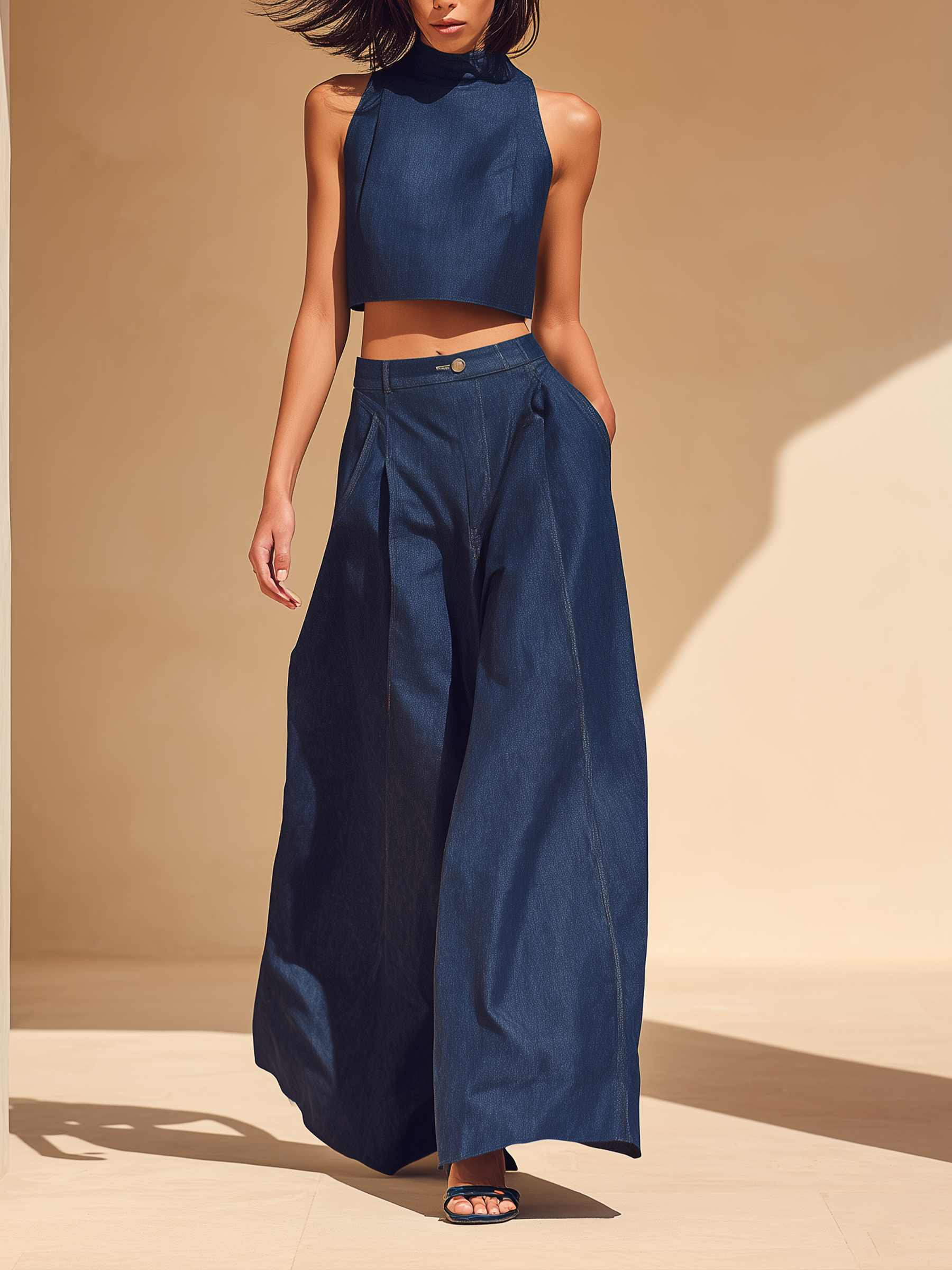Midnight Blue Sleeveless Turtleneck Crop Top & Wide-Leg Pants Set