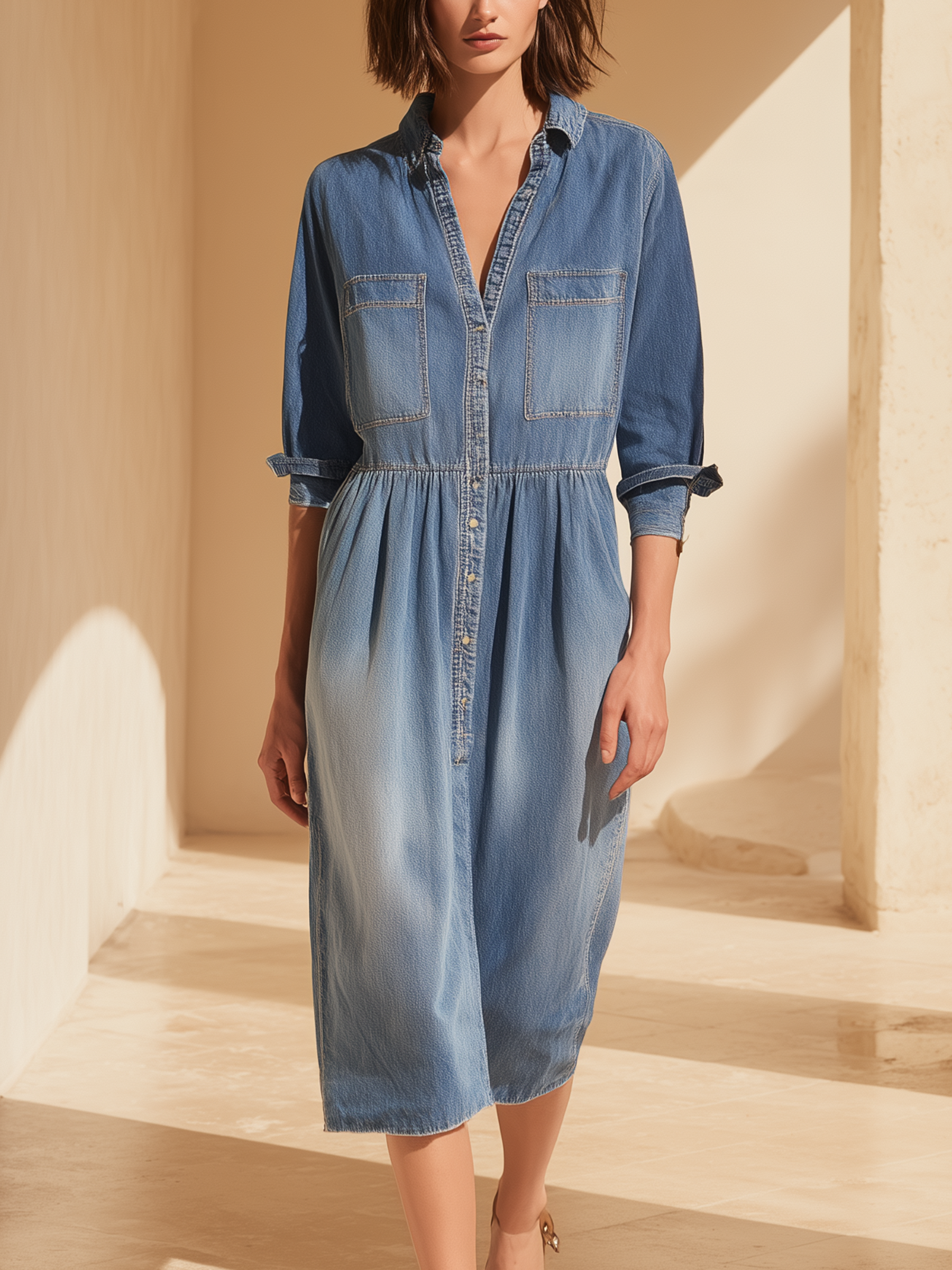 Light Wash Denim Button-Front Midi Shirt Dress