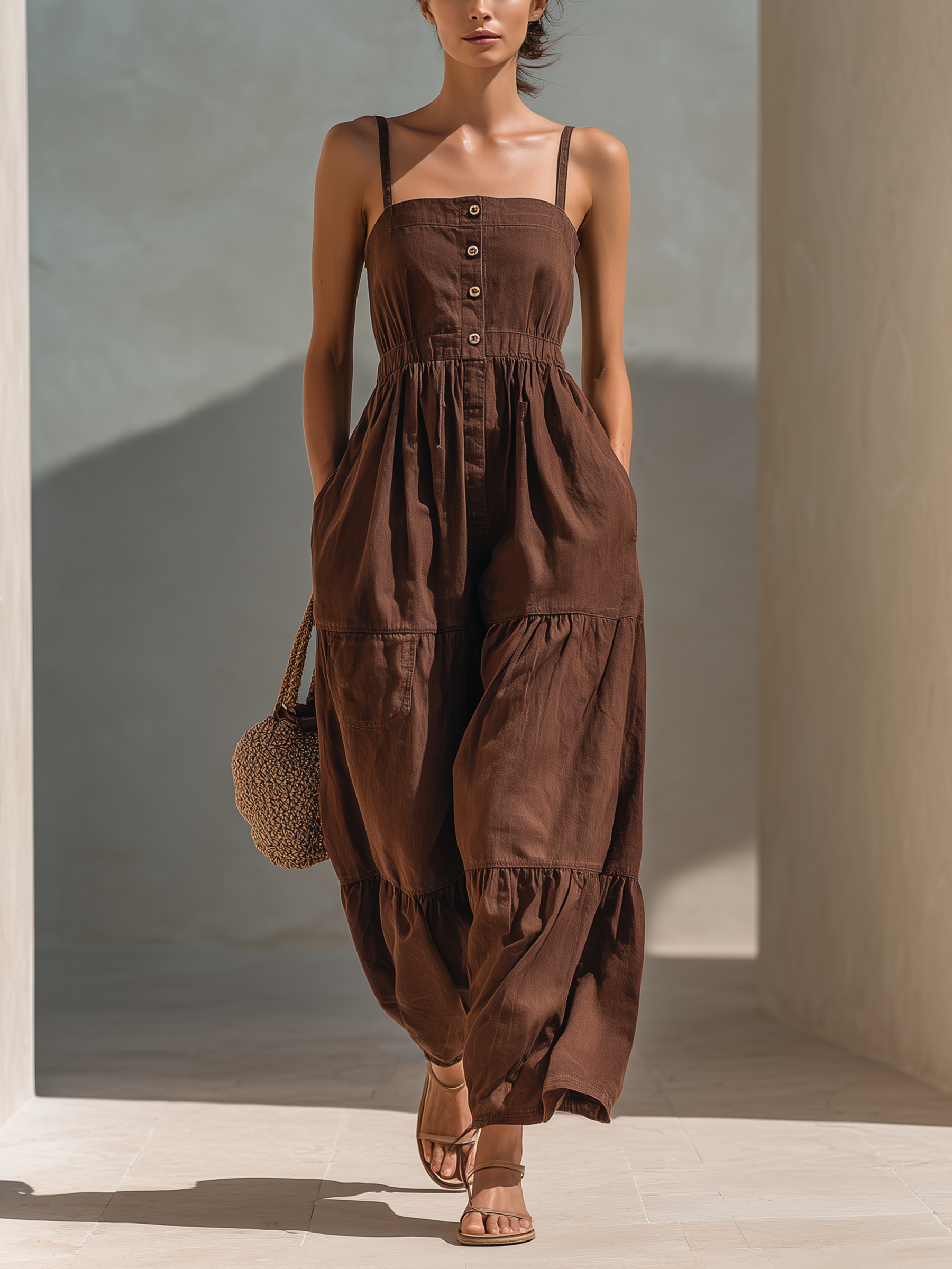 Adjustable Strap Button Front Cotton Linen Jumpsuit