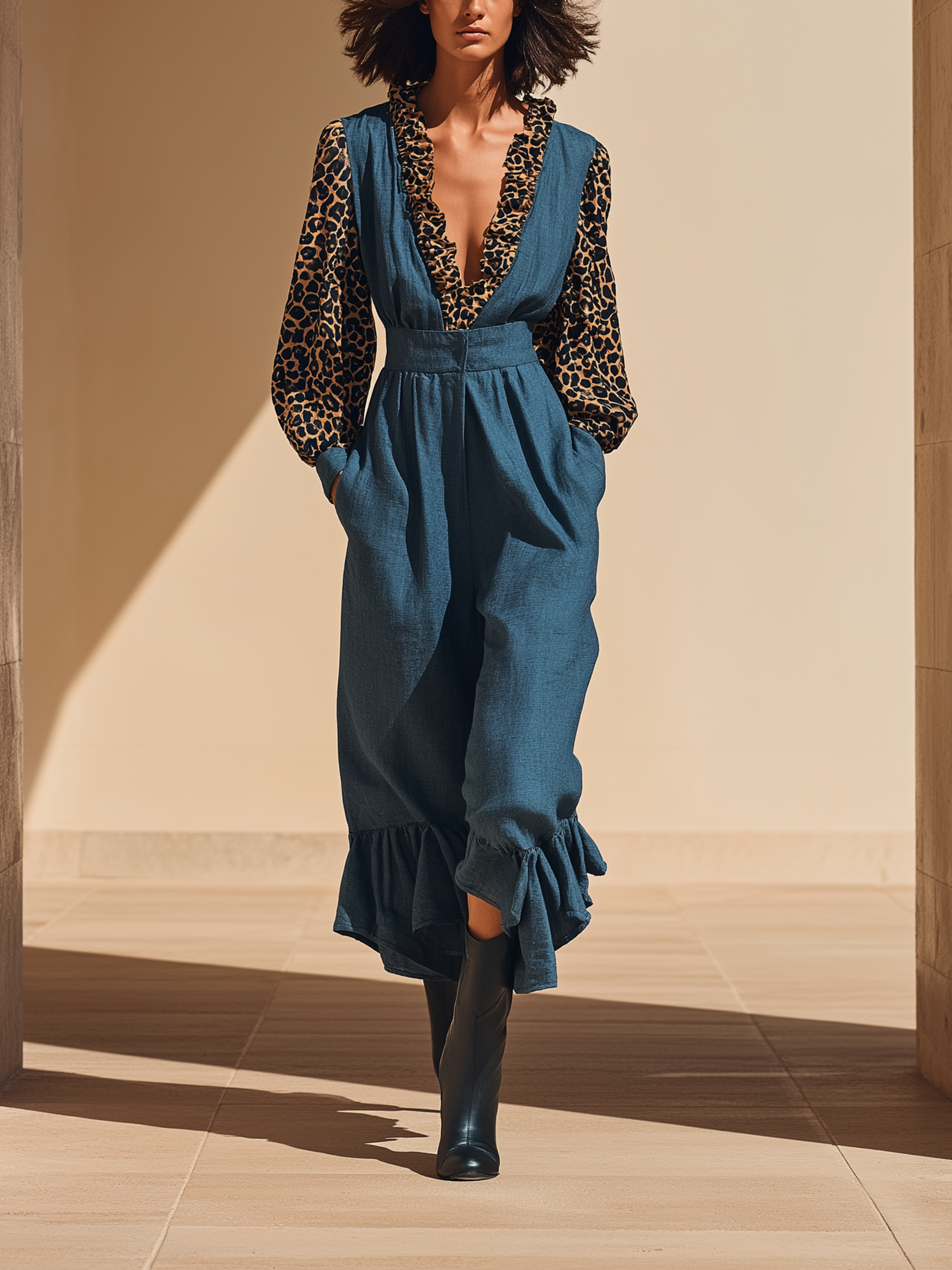 Leopard Ruffle Trim Denim Maxi Dress