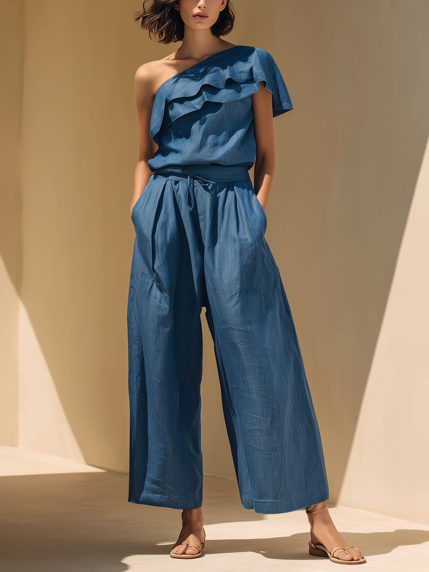 Ruffled One-Shoulder Denim Jumpsuit