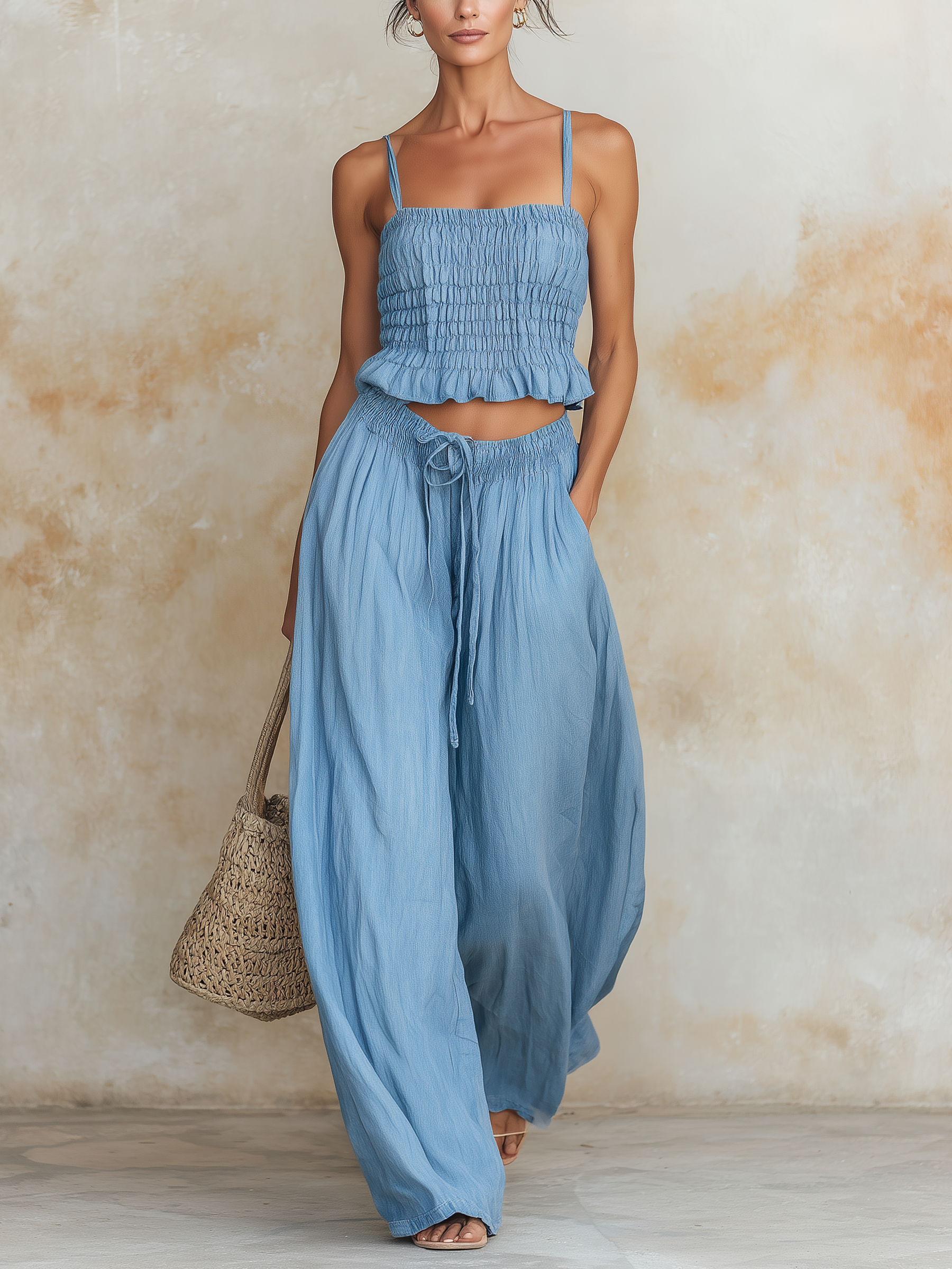 Smocked Denim Two-Piece Set (Camisole + Wide-Leg Pants)
