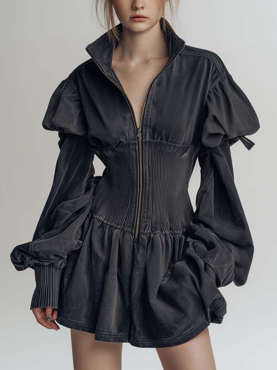 Retro Washed Cotton Fitted Mini Dress With Adjustable Cuffs