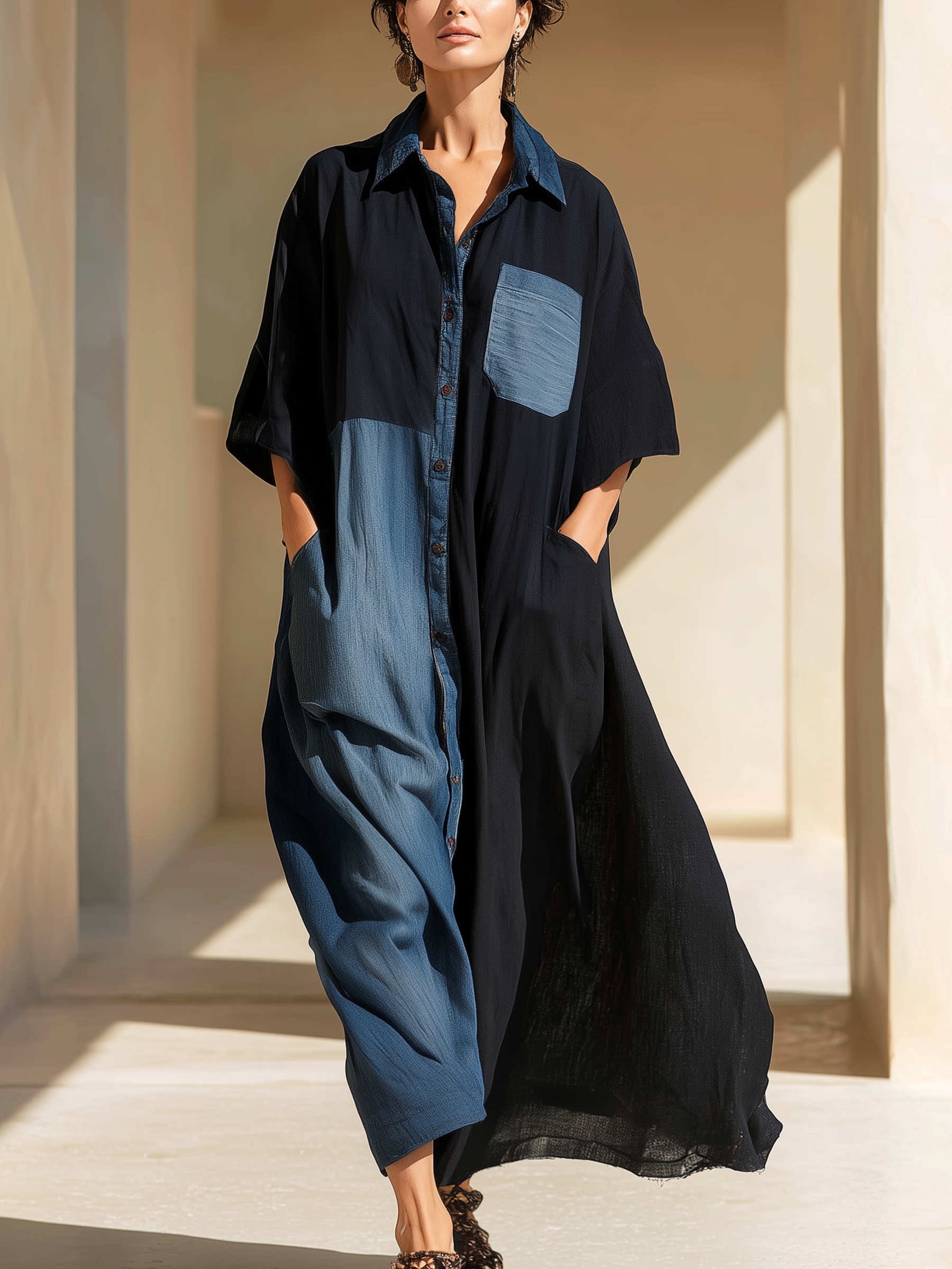 Black Linen & Denim Patchwork Maxi Shirt Dress