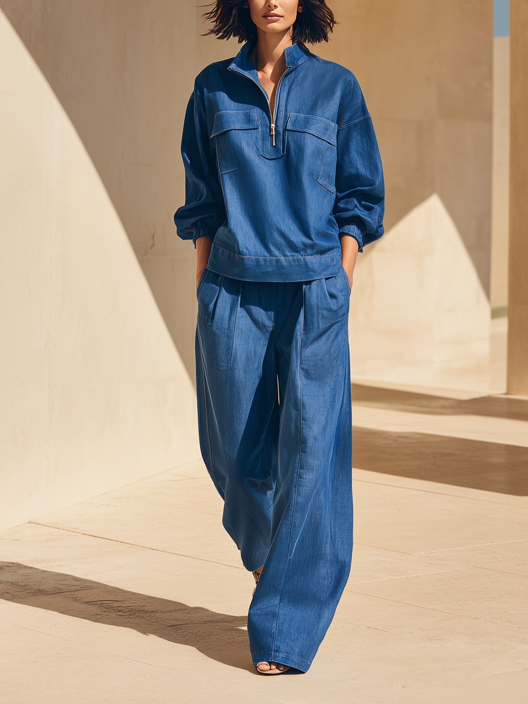 Navy Blue Denim Half-Zip Oversized Shirt & Wide-Leg Pants Set