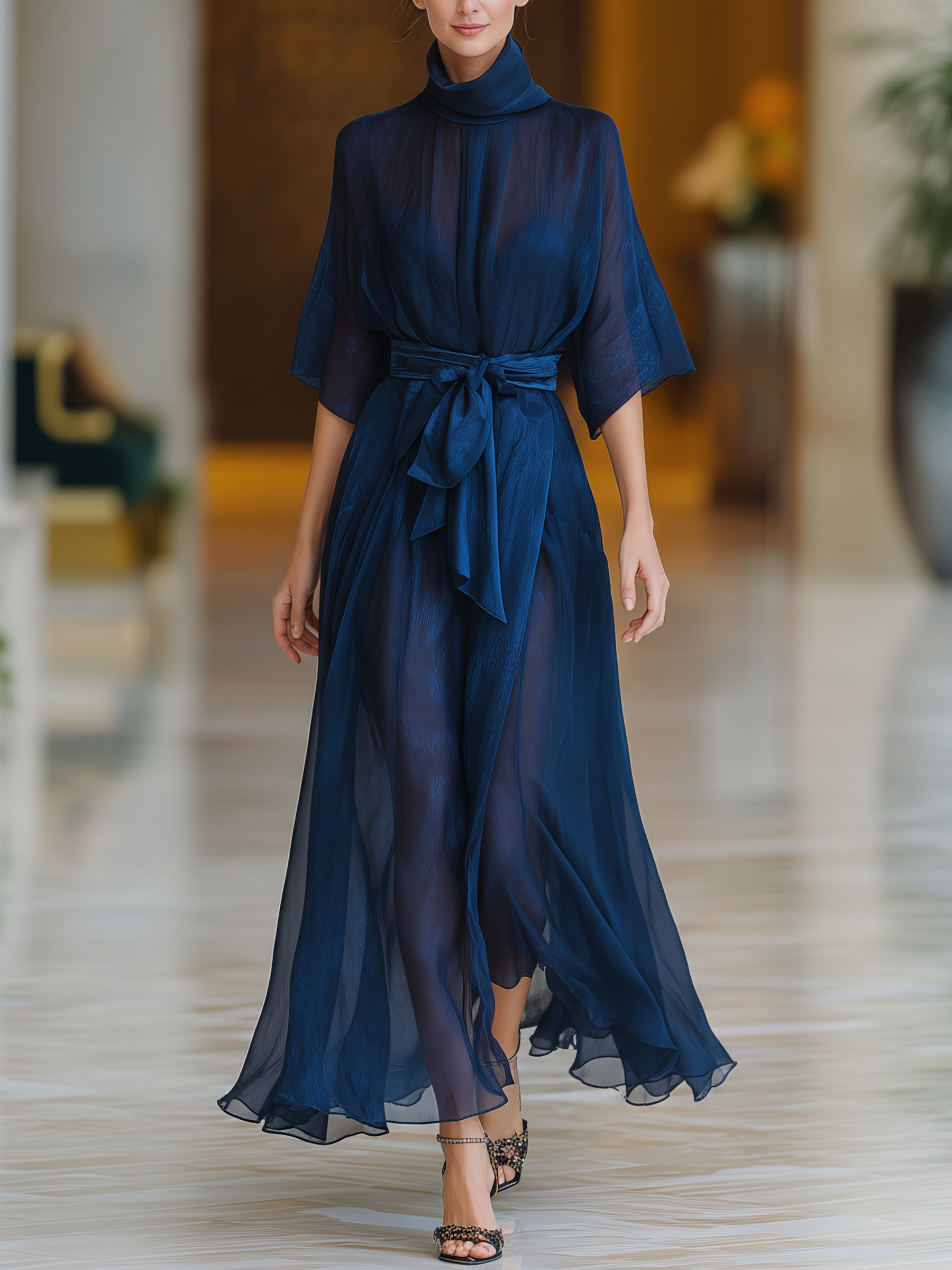 Navy Blue Sheer Chiffon High-Neck Maxi Dress With Tie Belt