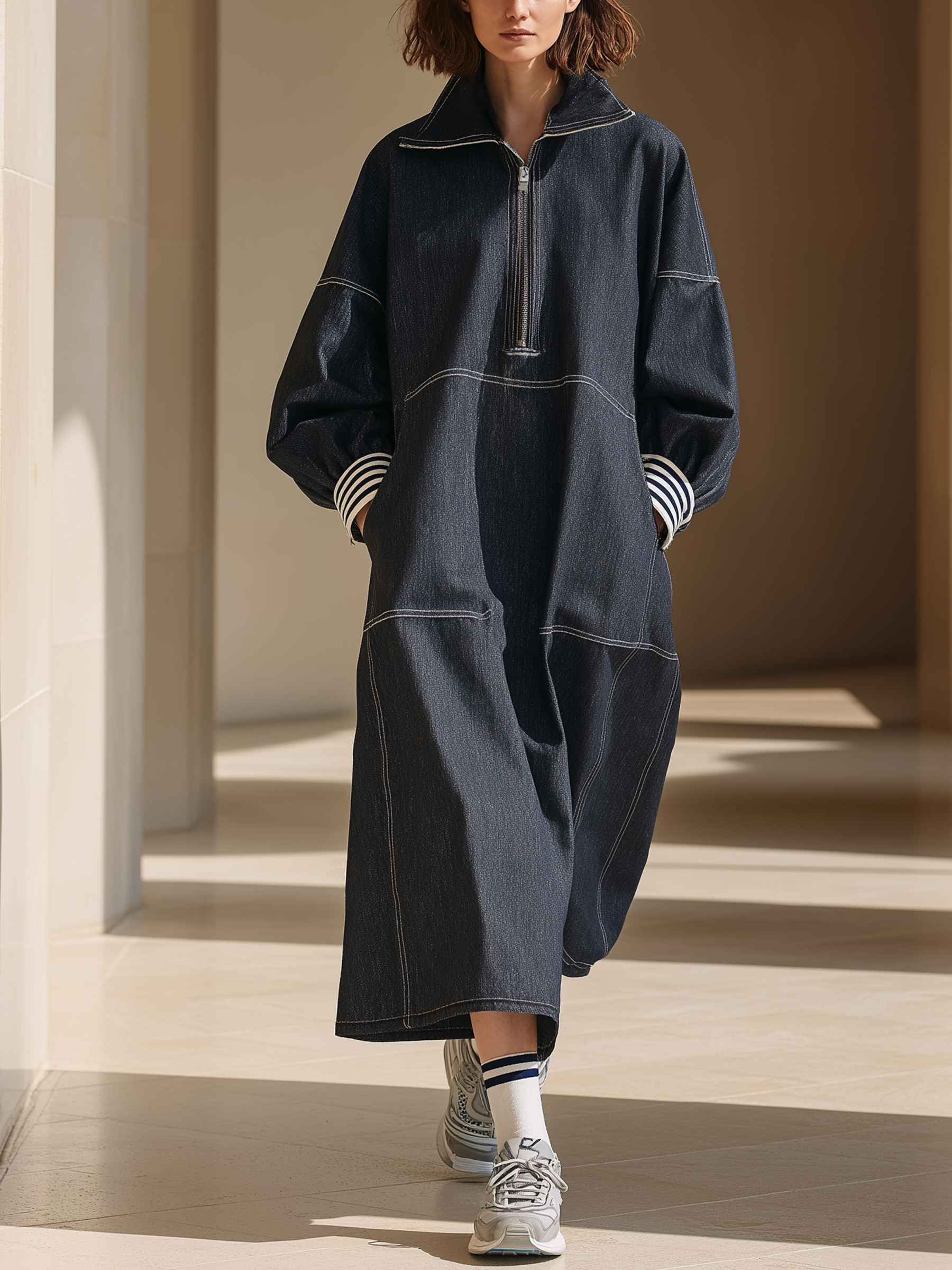 Dark Indigo Contrast Stitch Oversized Denim Midi Dress