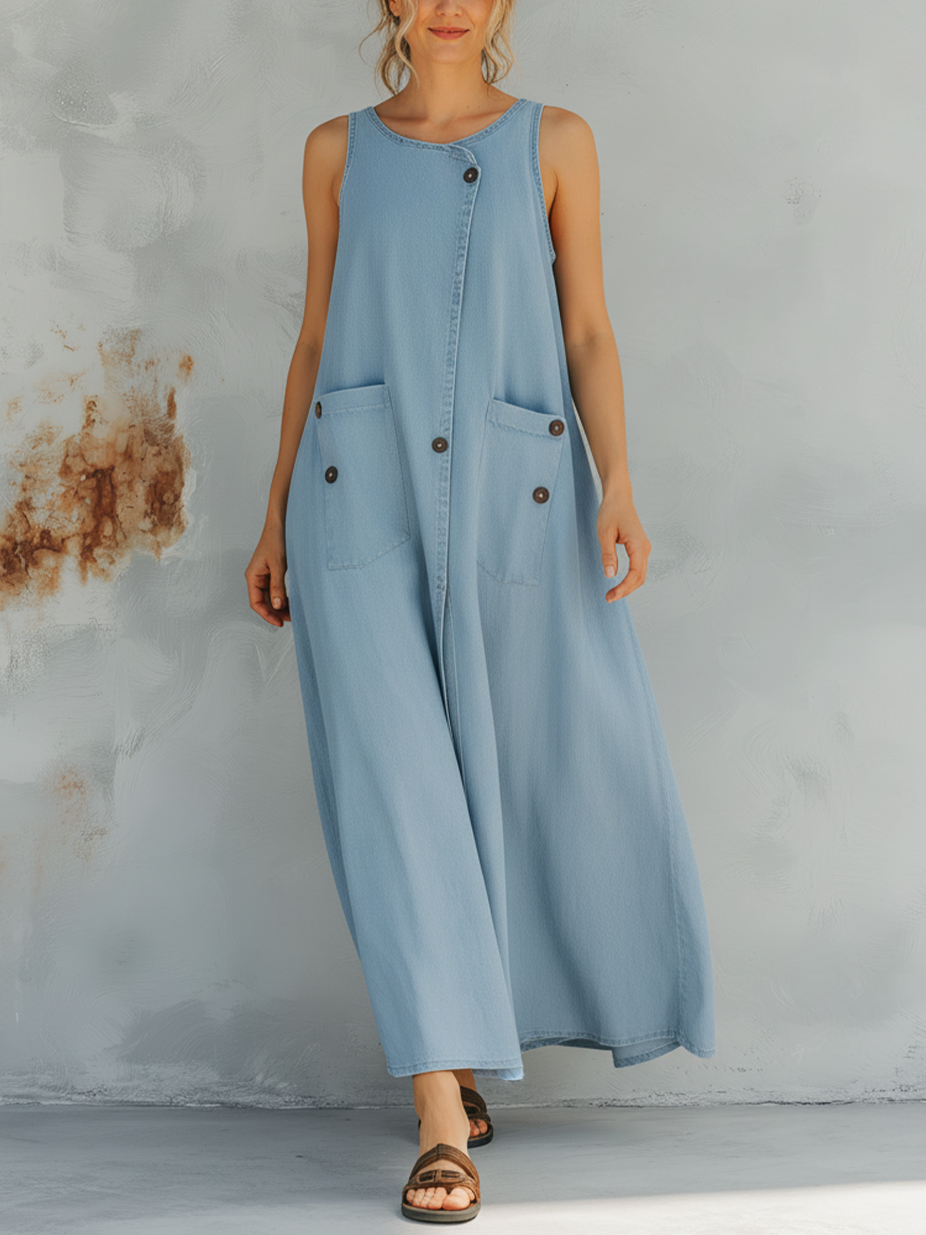 Light Blue Sleeveless Denim Maxi Dress - Button Front With Pockets