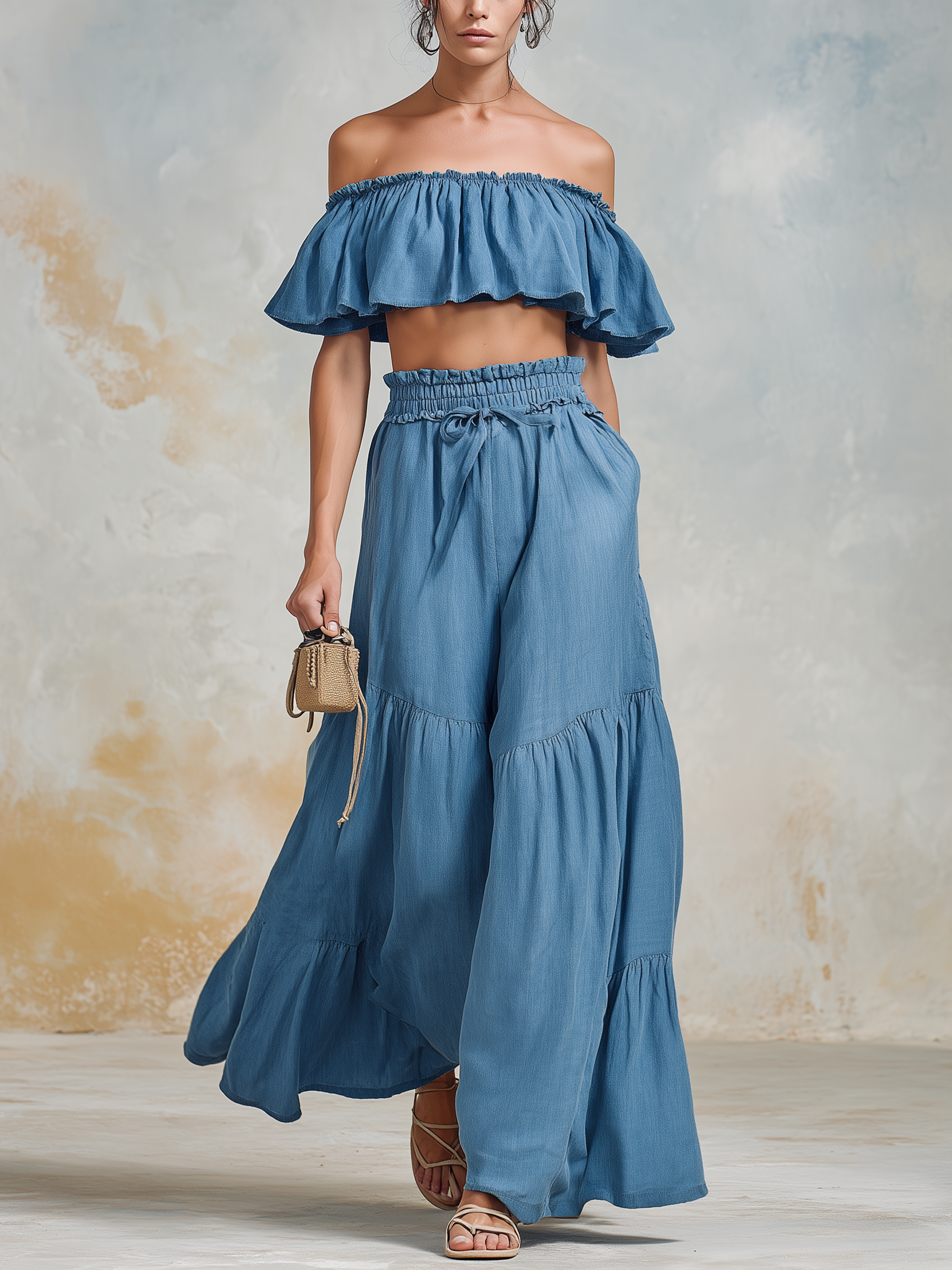 Off-Shoulder Ruffle Tiered Denim Two-Piece Set