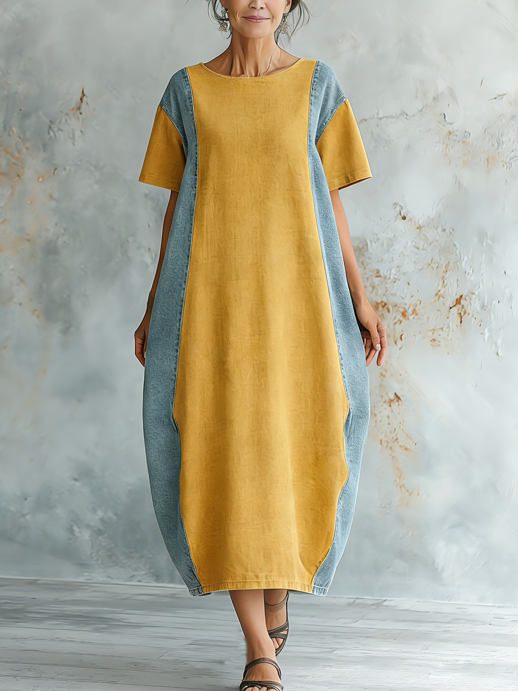 Color Block Linen Denim Cocoon Maxi Dress