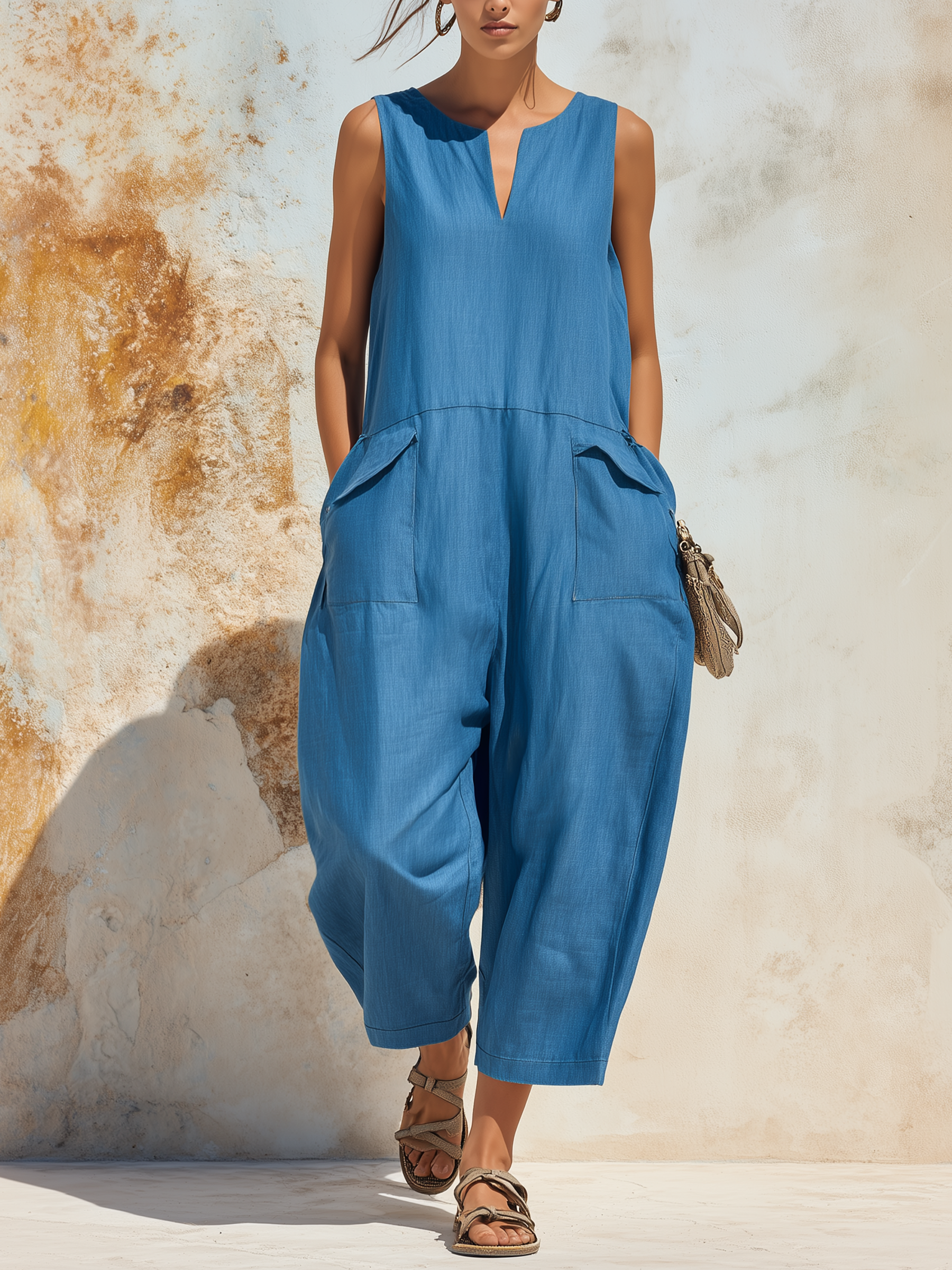 Sleeveless Notch Neck Patch Pocket Denim Jumpsuit