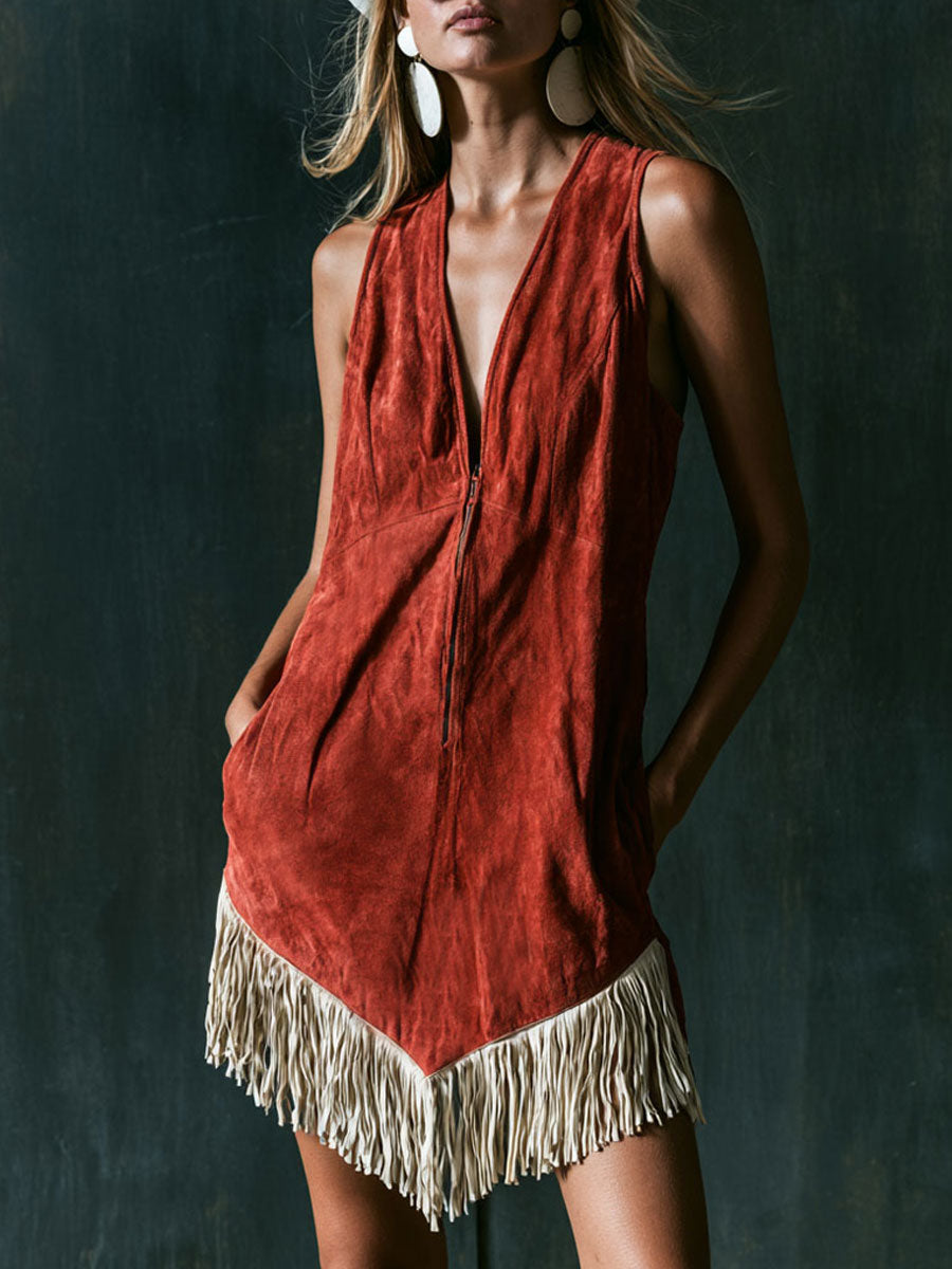Western Retro Tassel Red Faux Suede Sleeveless Mini Dress