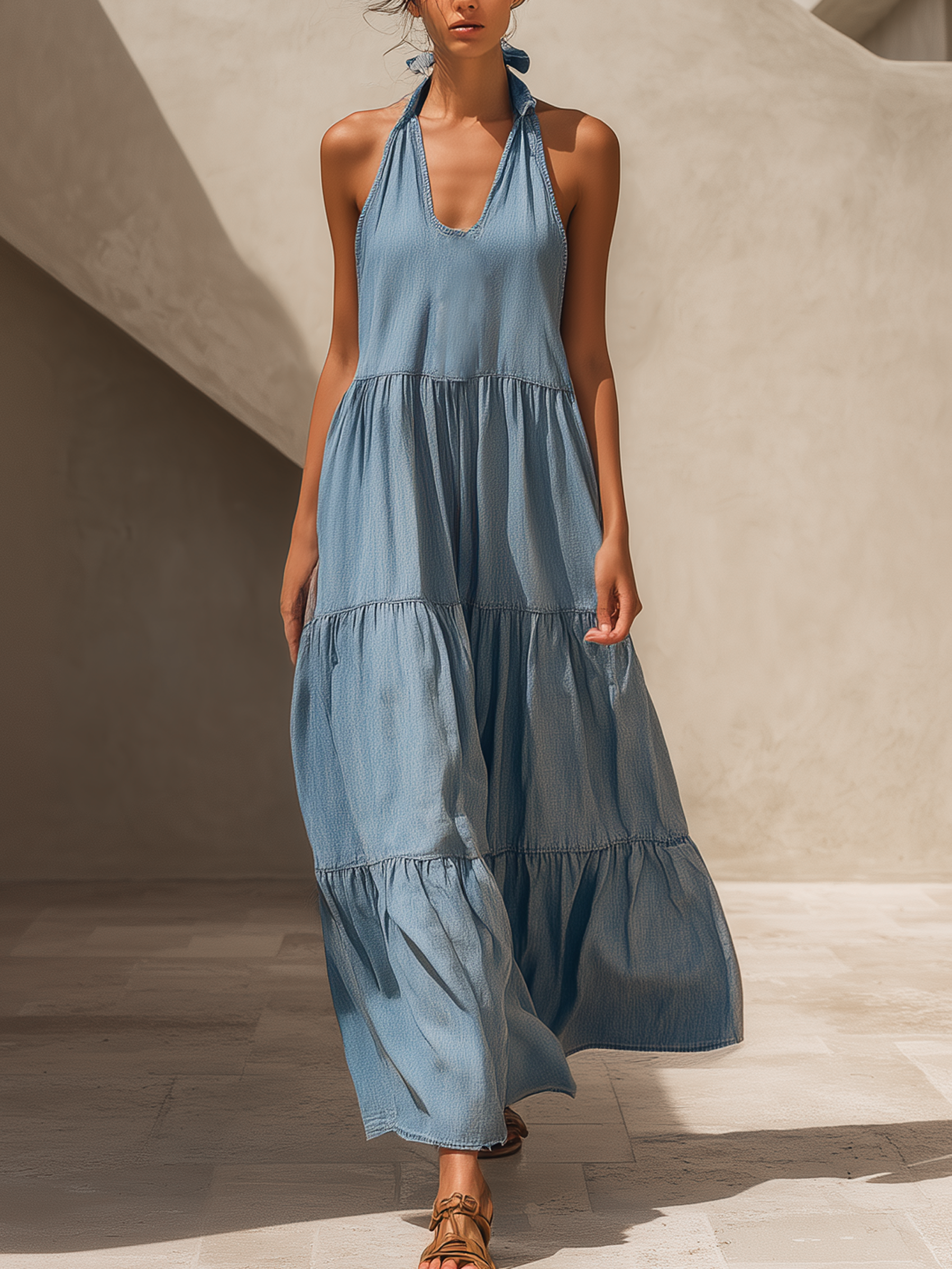 Tencel Denim Halter Tiered Maxi Dress
