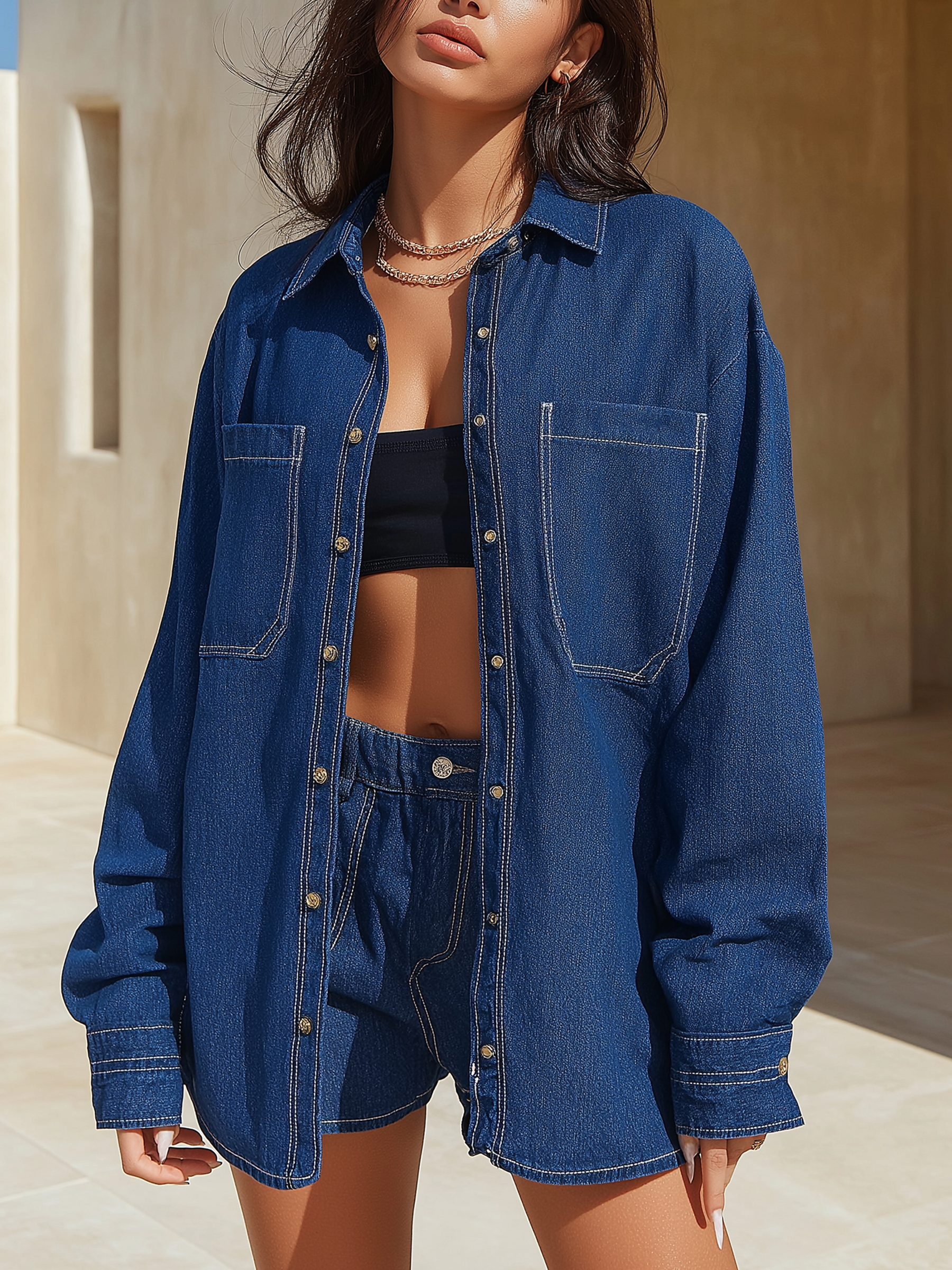 Sun-Kissed Mid Blue Oversized Denim Shirt & High-Waisted Shorts Set