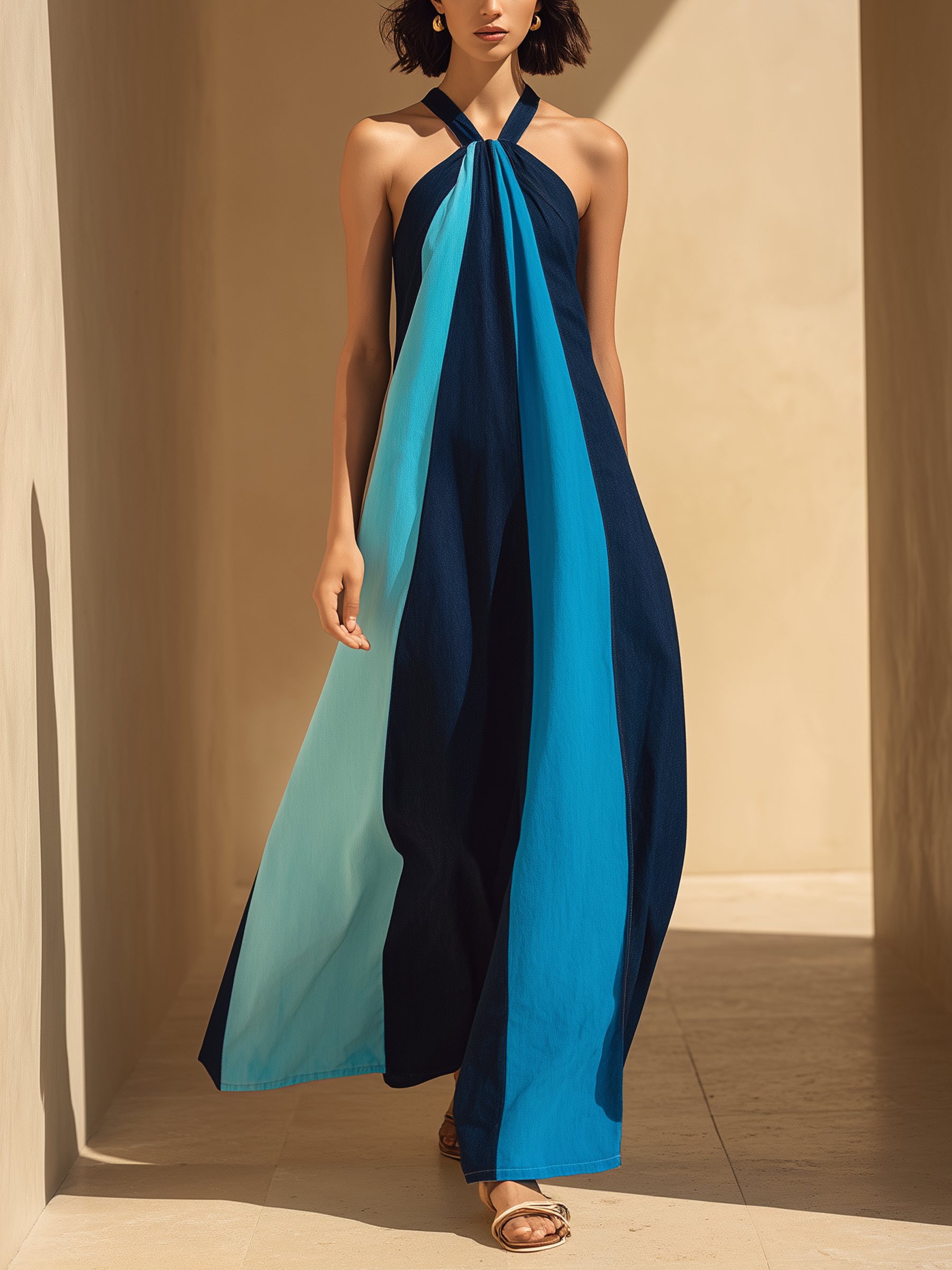 Color-Block Halter Maxi Dress