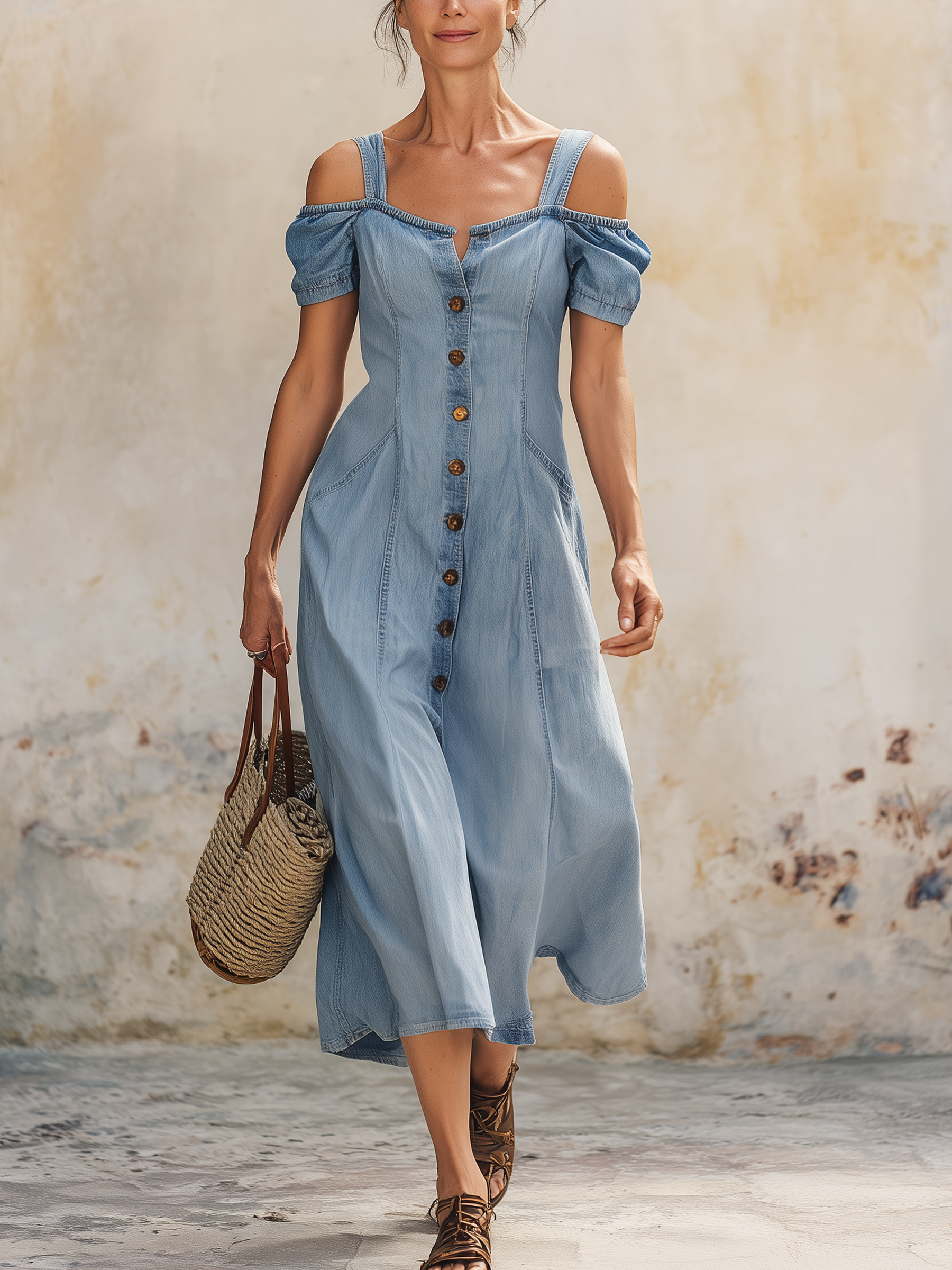 Cold Shoulder Puff Sleeve Denim Midi Dress