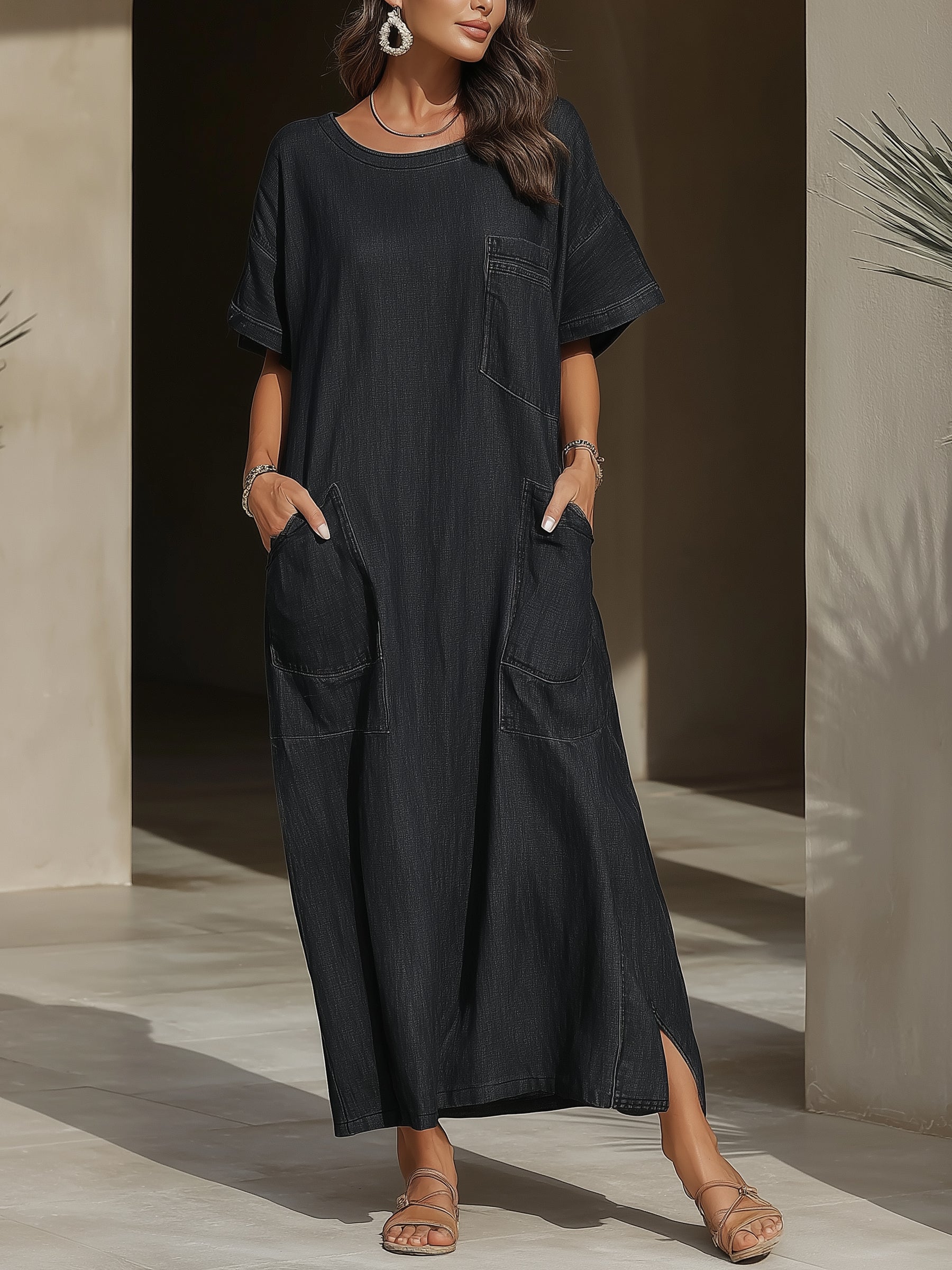 Black Wash Oversized Pocket Denim Maxi Dress