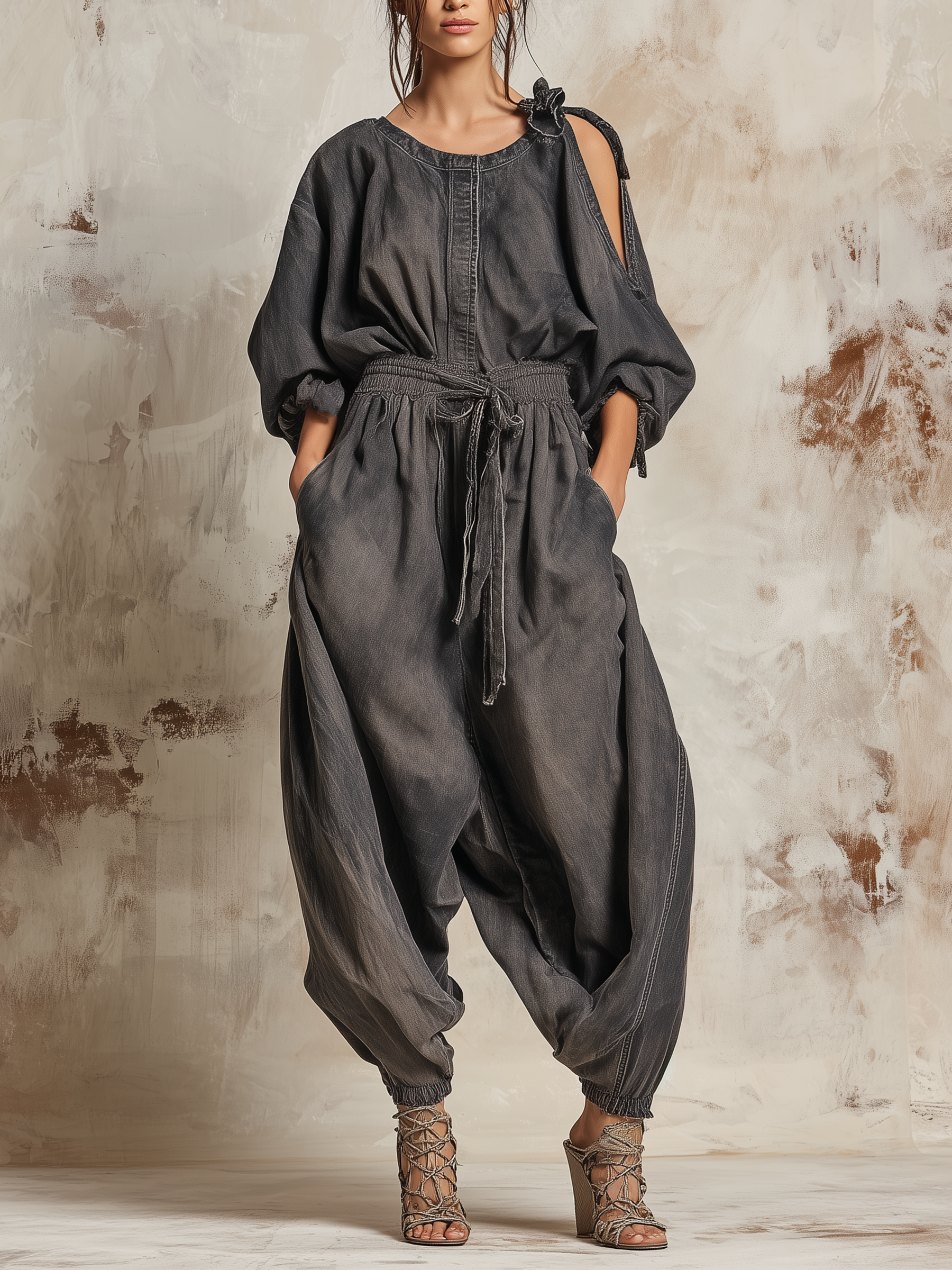 Asymmetrical Cold-Shoulder Denim Jumpsuit