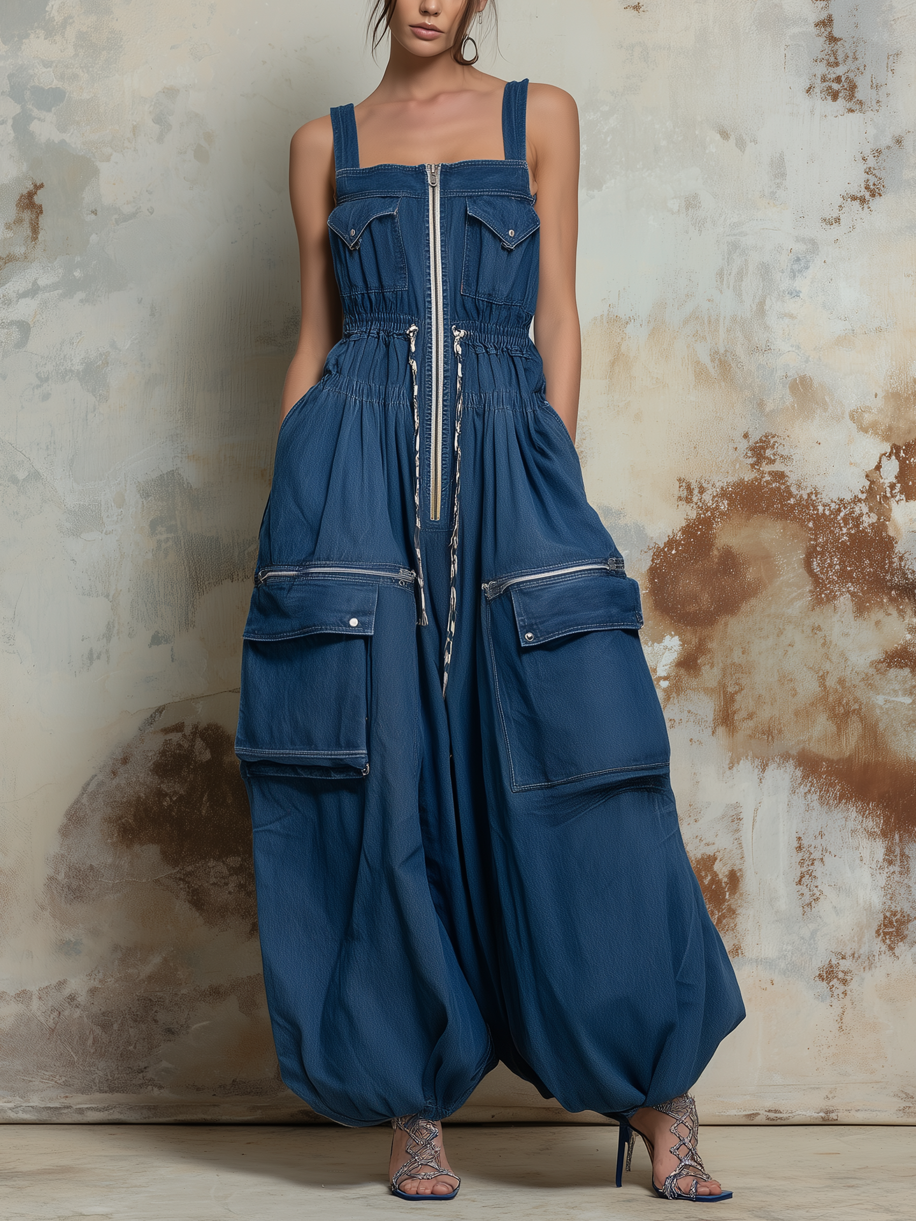 Utility Cargo Balloon-Leg Denim Jumpsuit
