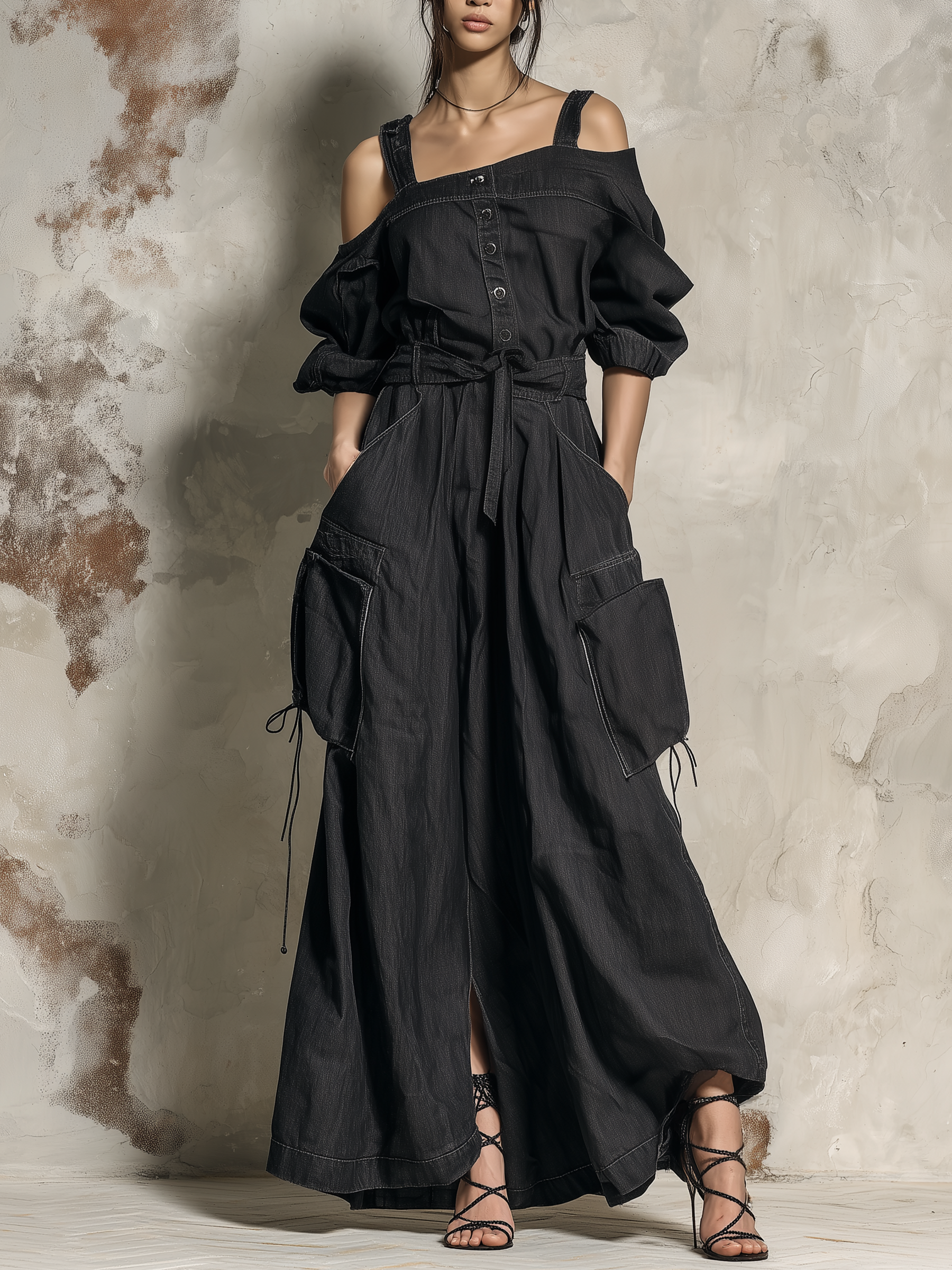 Asymmetrical Cold-Shoulder Cargo Denim Maxi Dress
