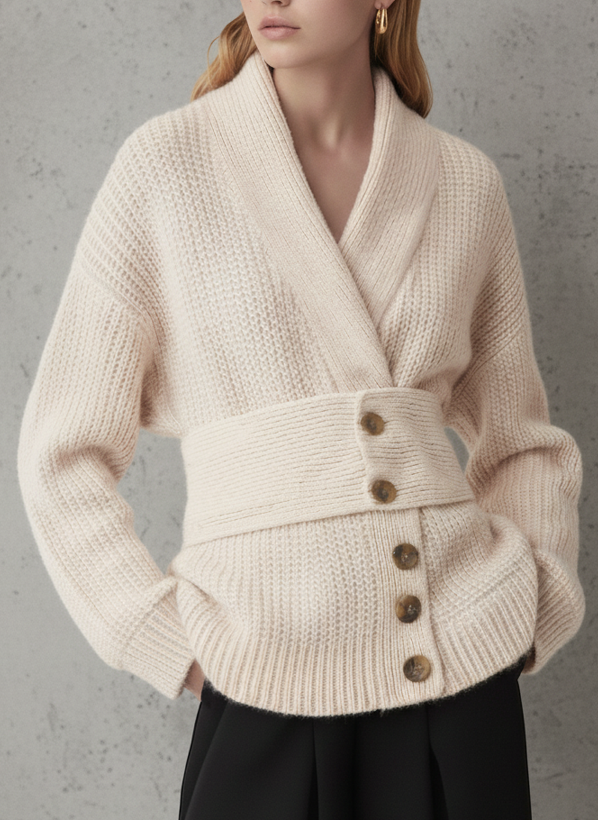 Women's Oversized Belted Knit Beige Short Cardigan MDA0145L6AU