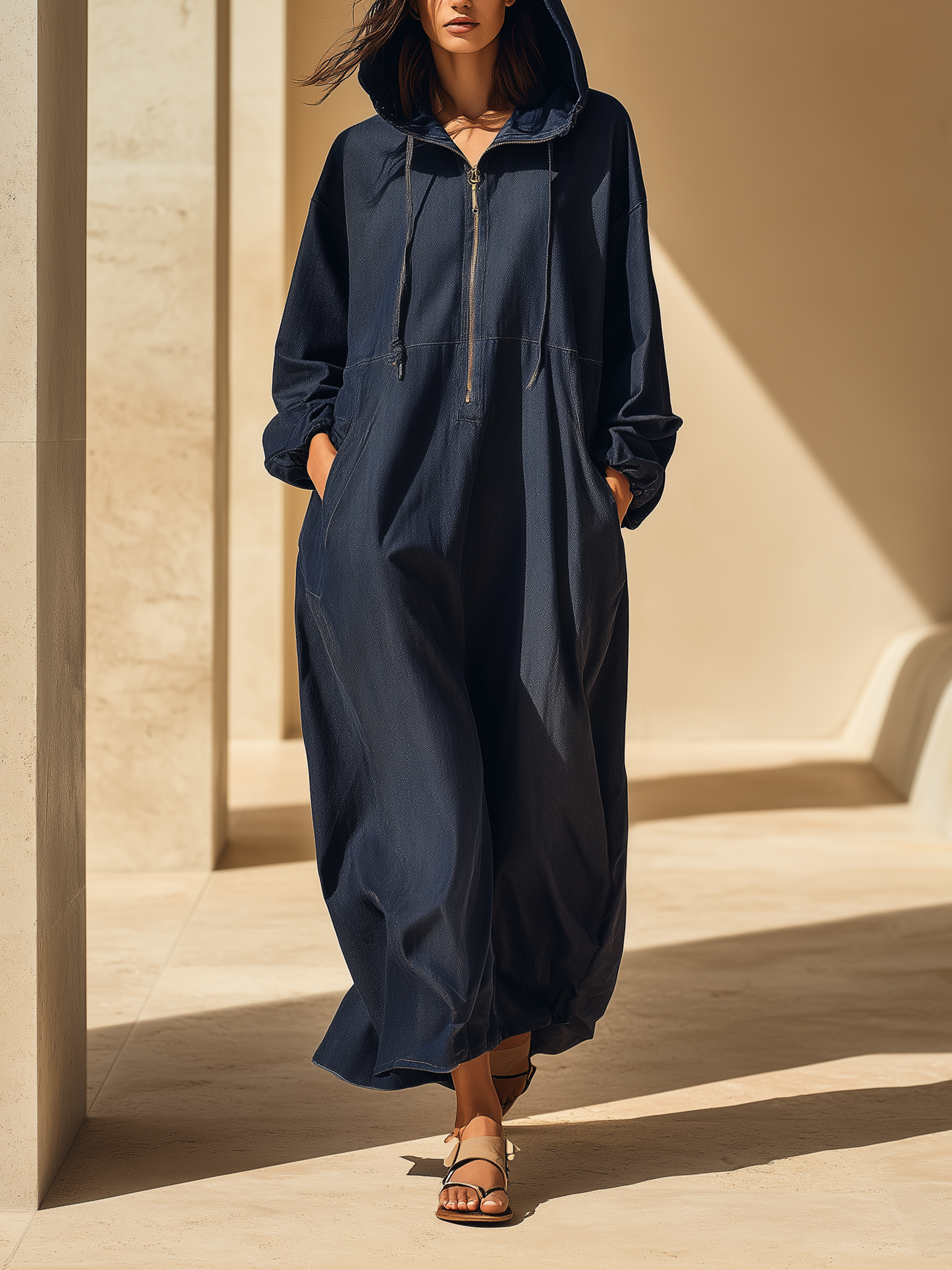 Midnight Blue Denim Hooded Half-Zip Maxi Dress