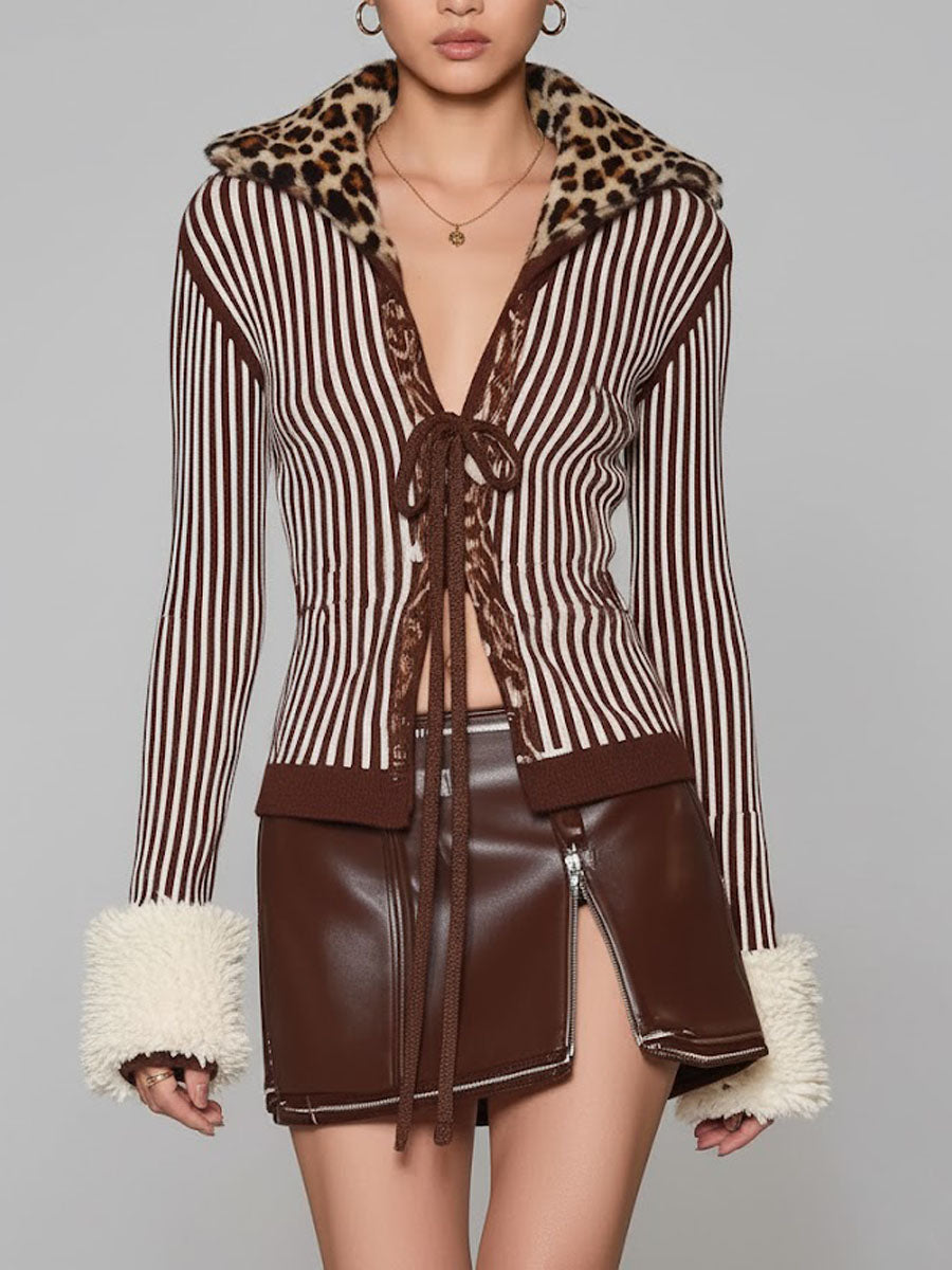 Leopard Neckline Striped Knit Top