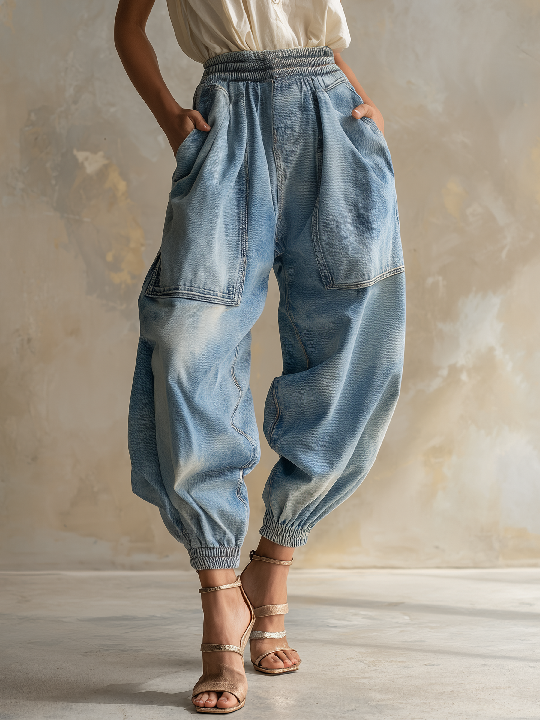 Washed Denim Balloon Jogger Pants With Elastic Waist