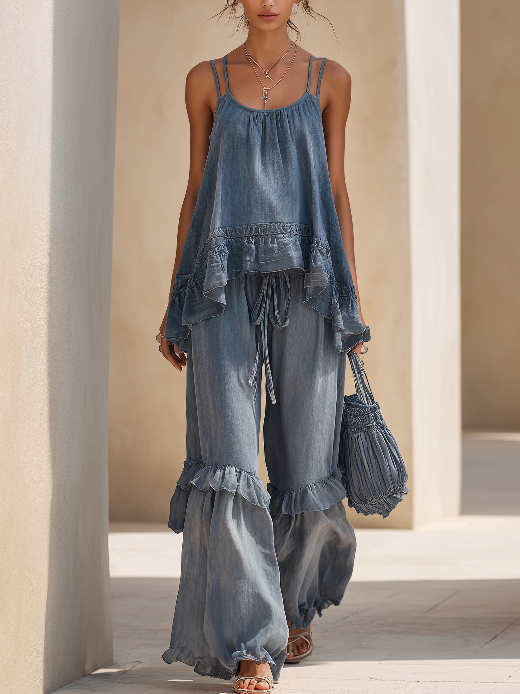 Ruffled Tiered Tencel Denim Two-Piece Set
