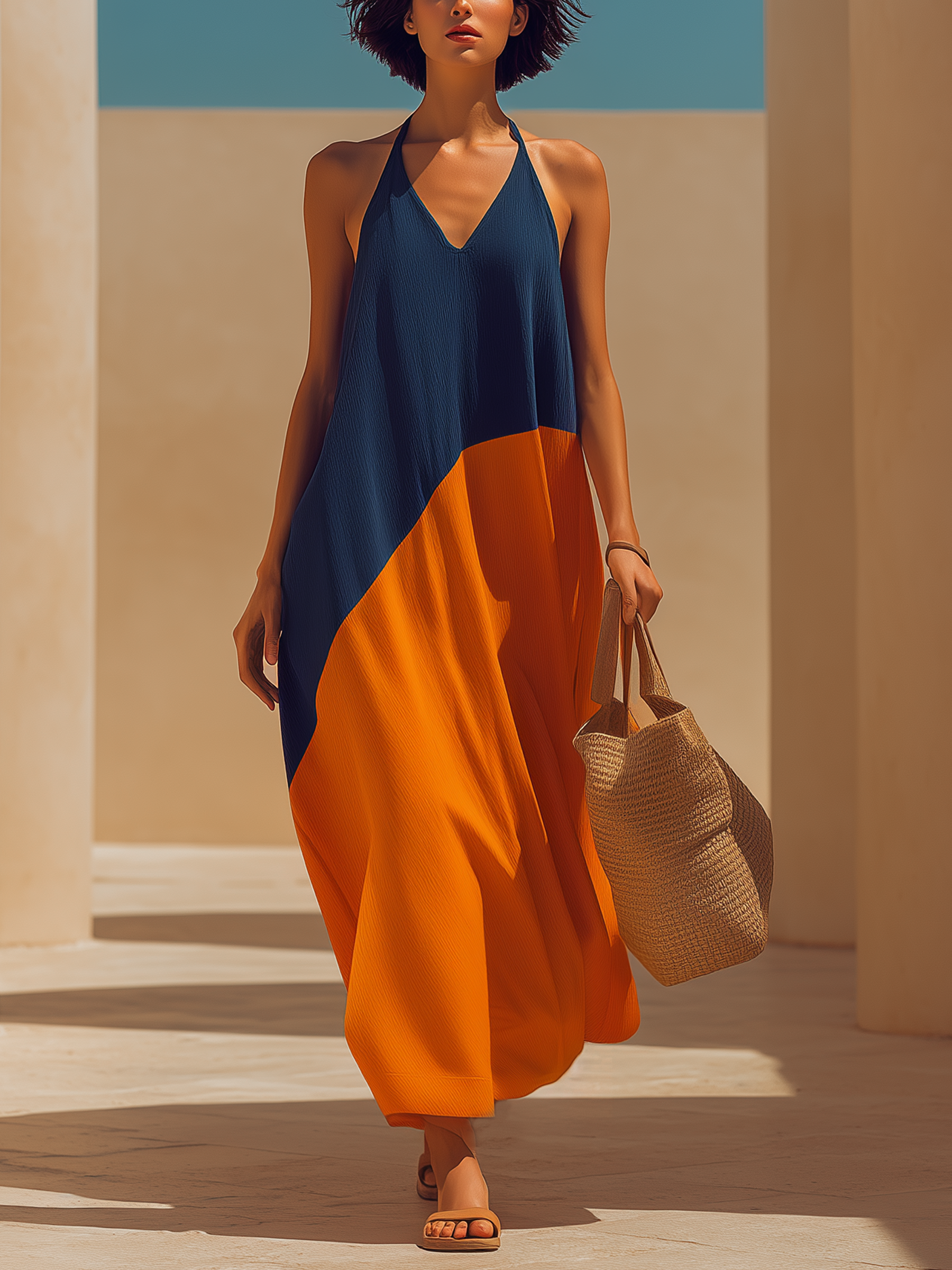 Navy & Orange Color Block Halter Maxi Dress