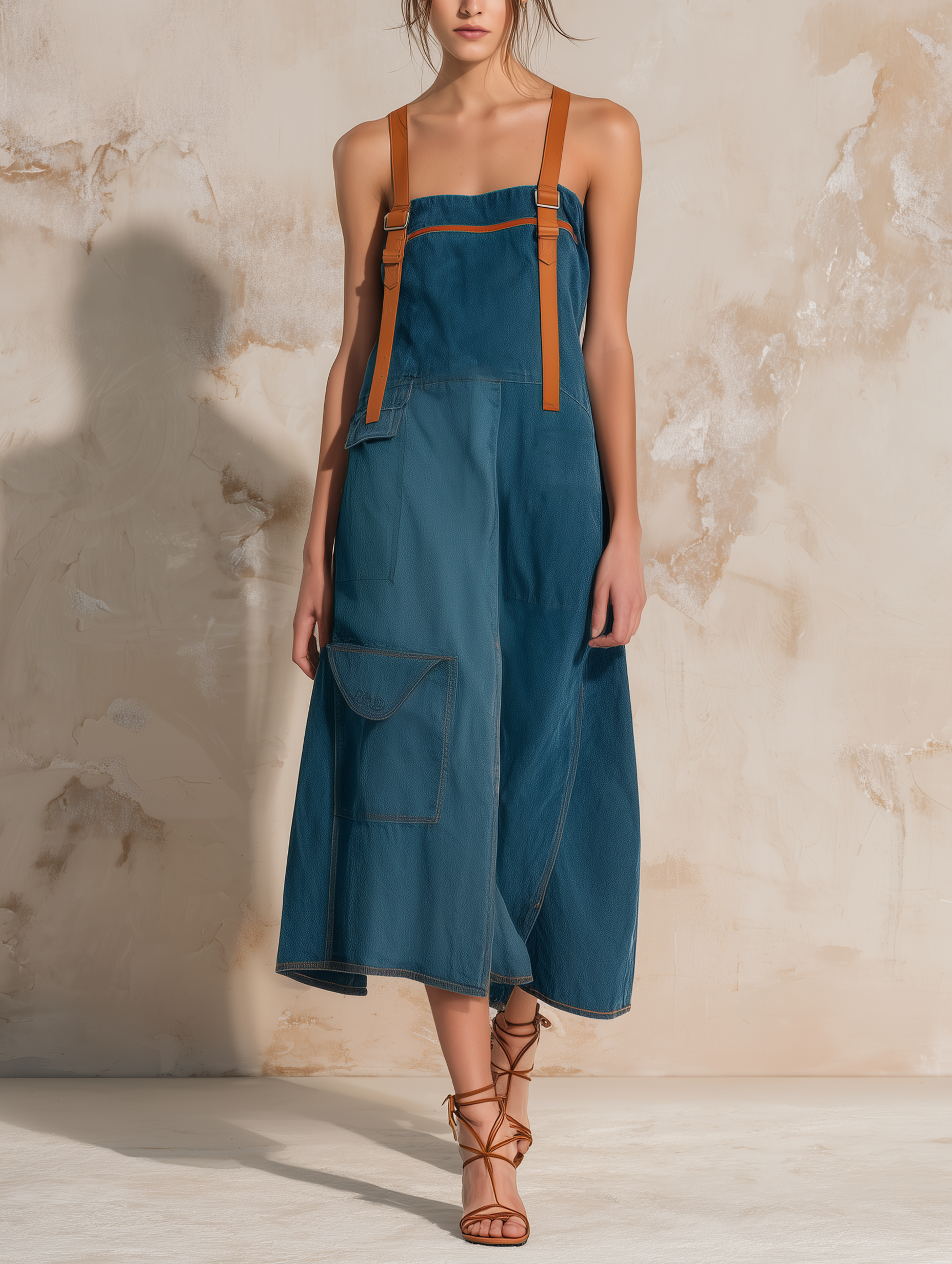 Leather Strap Utility Denim Dress