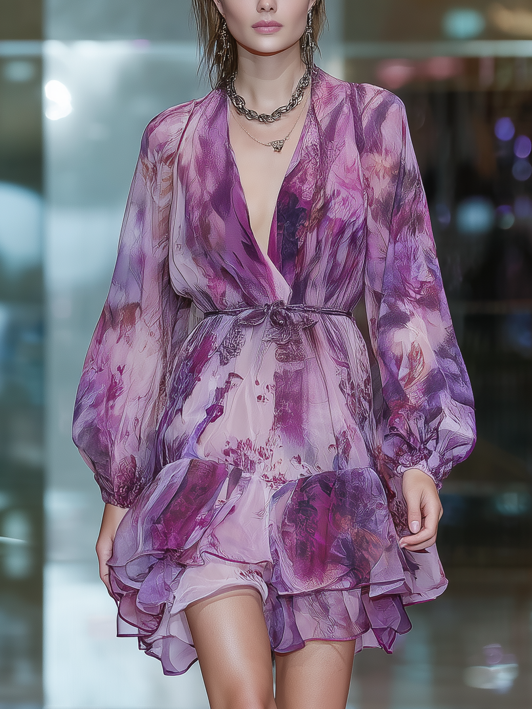 Watercolor Purple Chiffon Deep V Mini Dress – Puff Sleeve Layered Ruffle Dress With Tie Waist