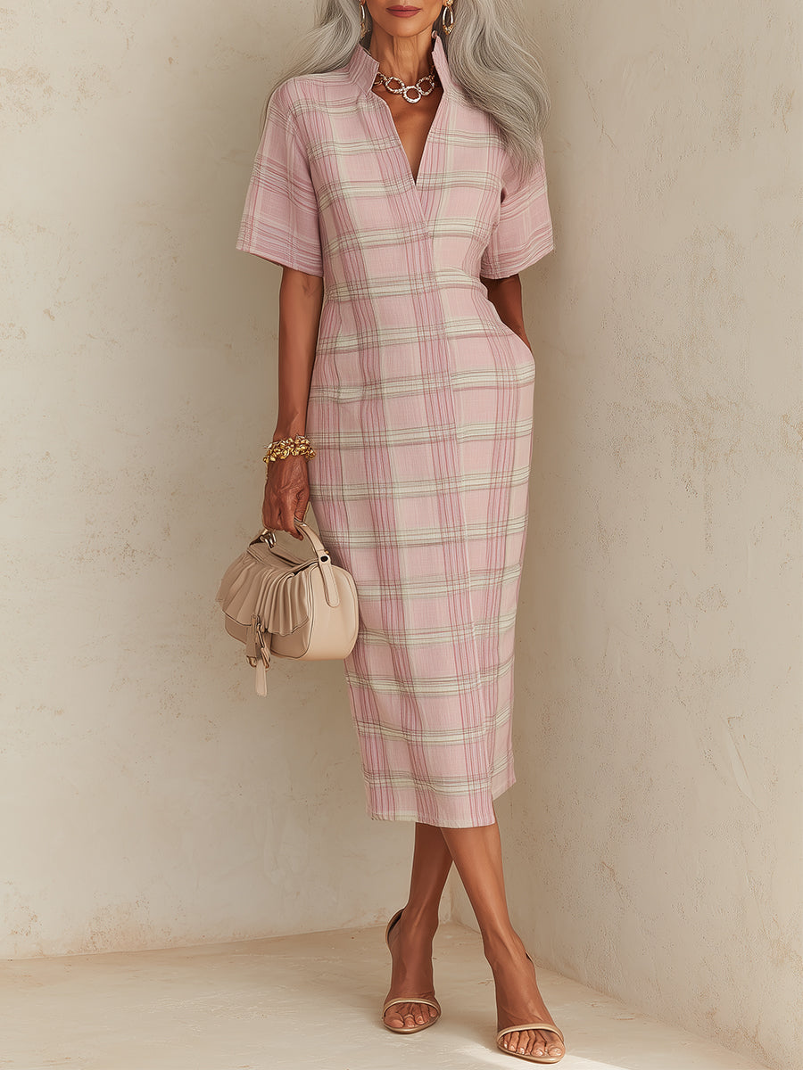 Modern Plaid Stand-Collar Cotton-Linen Midi Dress