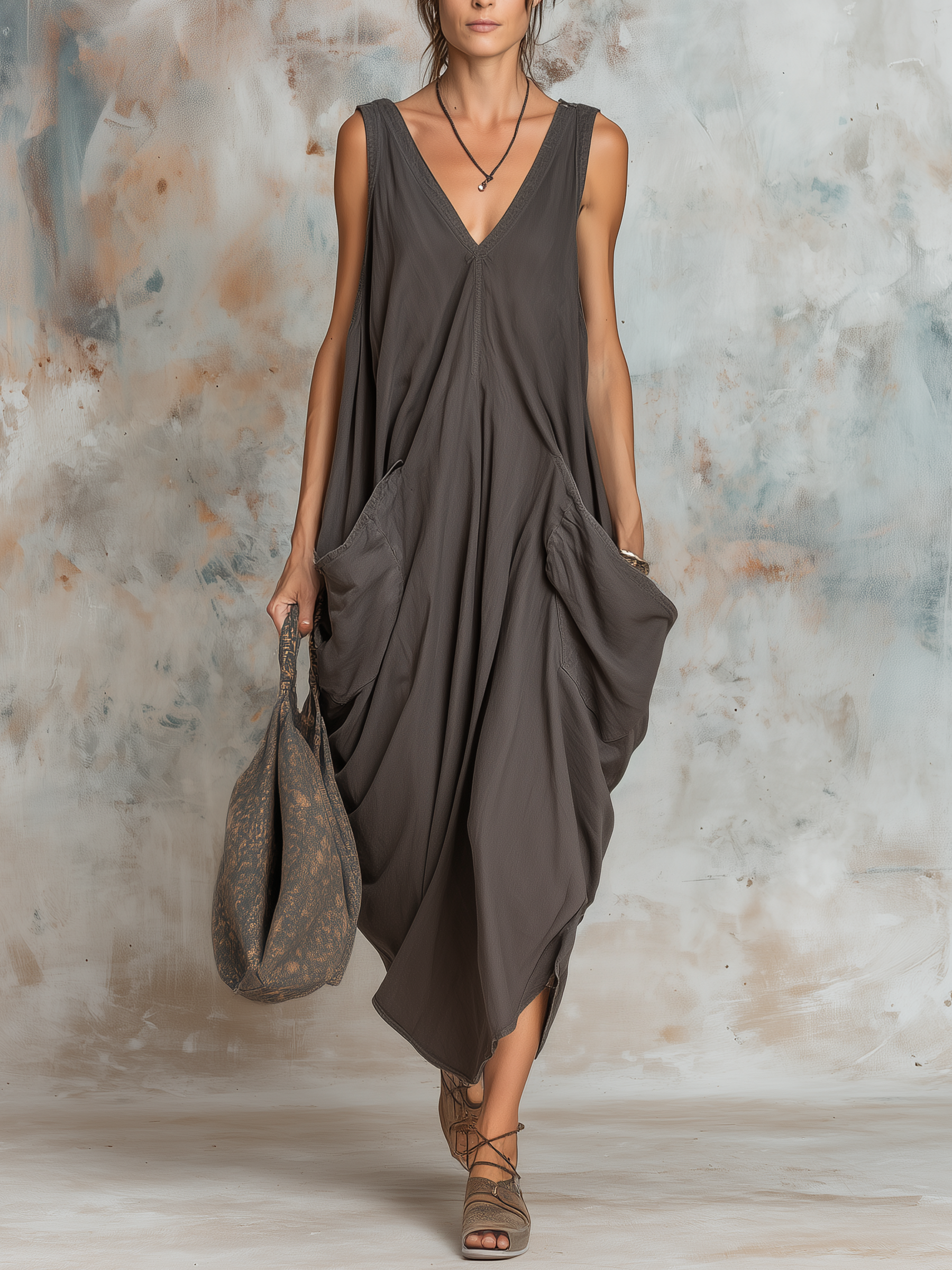 Oversized Draped Pocket V-Neck Sleeveless Maxi Dress