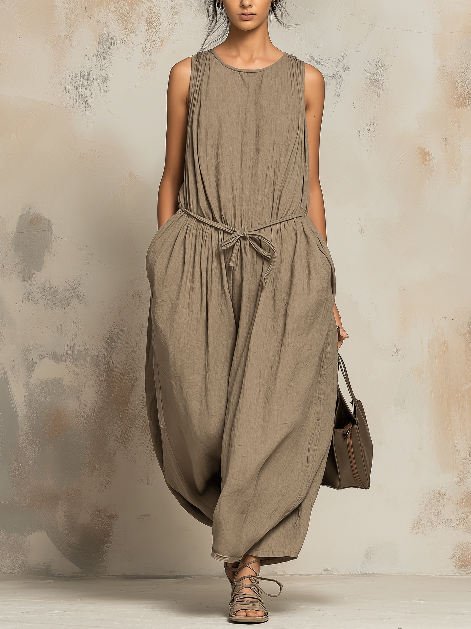 Sleeveless Drawstring Waist Balloon Leg Jumpsuit With Patch Pockets