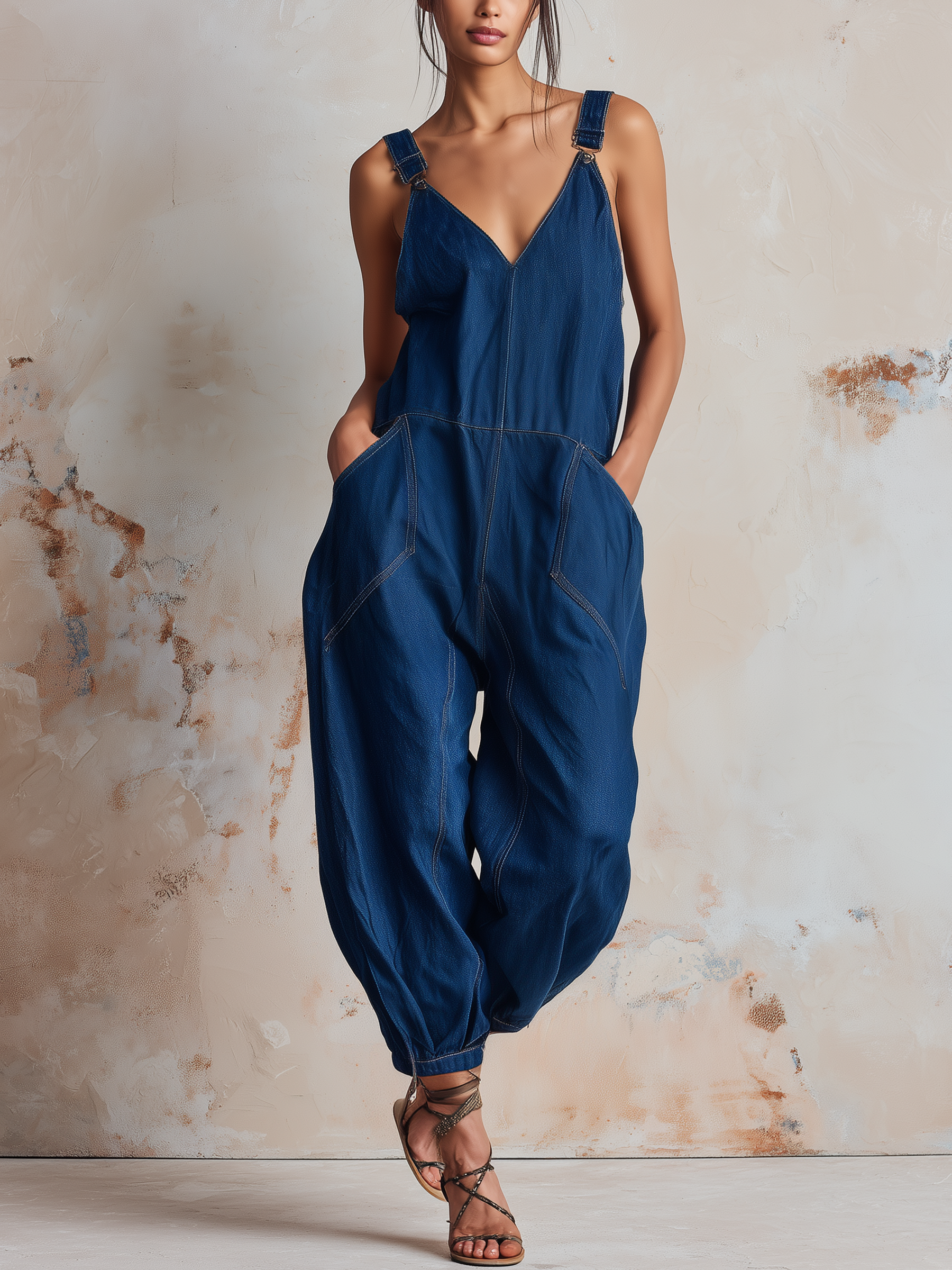 Adjustable Strap V-Neck Balloon Leg Denim Jumpsuit