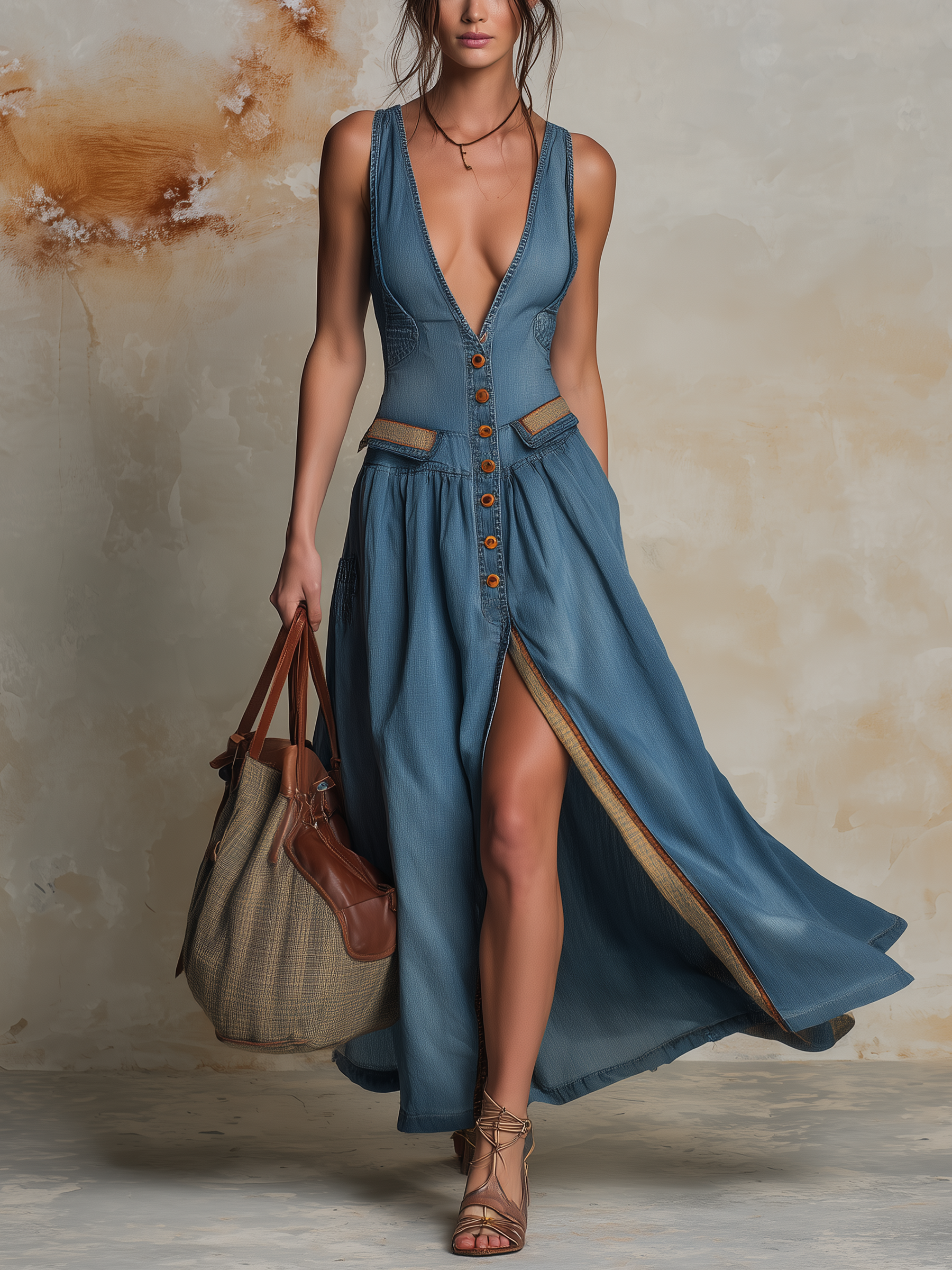 Deep V-Neck Button-Front Denim Maxi Dress With Contrast Trim