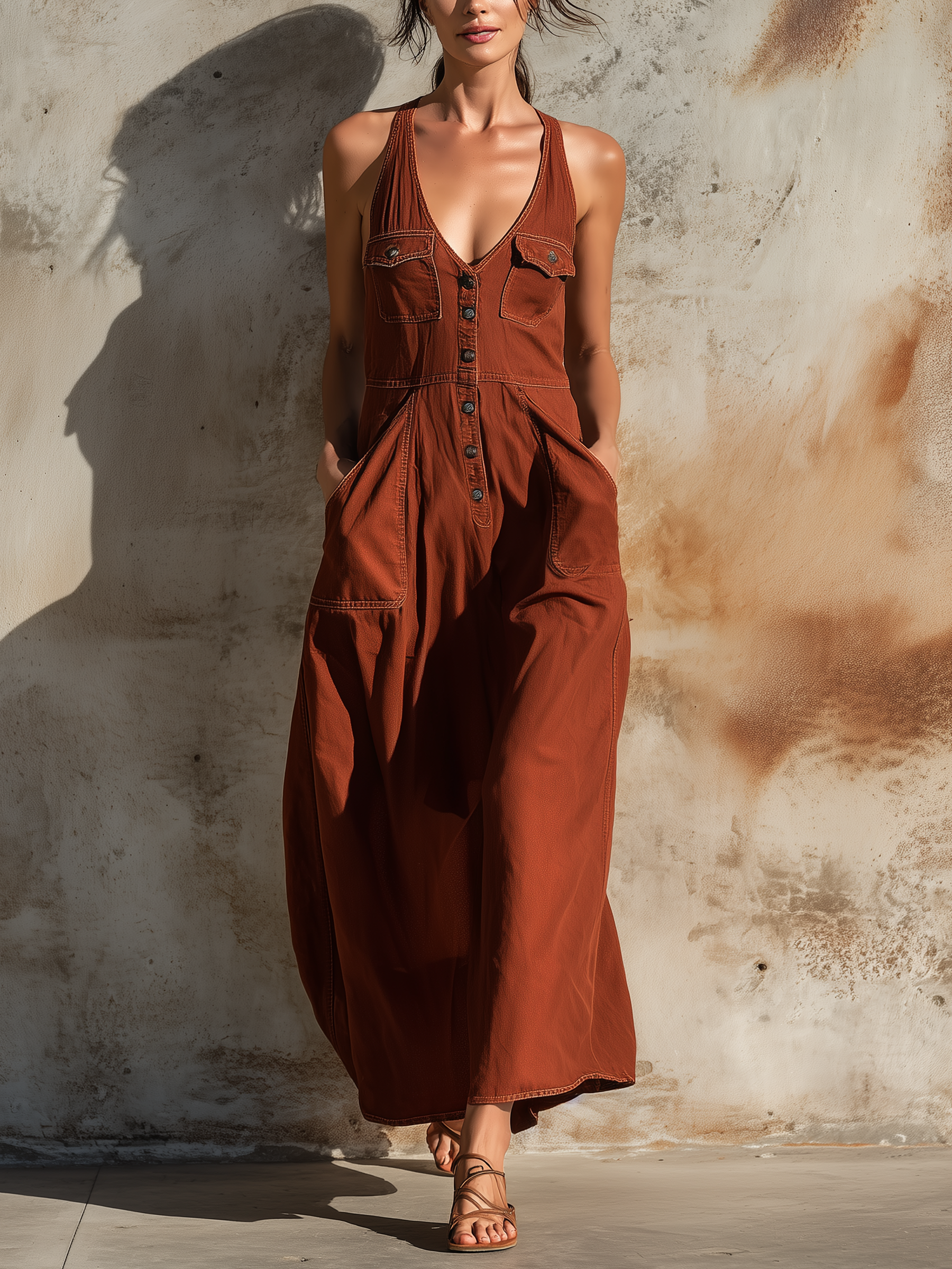 Women's Rust Halter Denim Maxi Dress