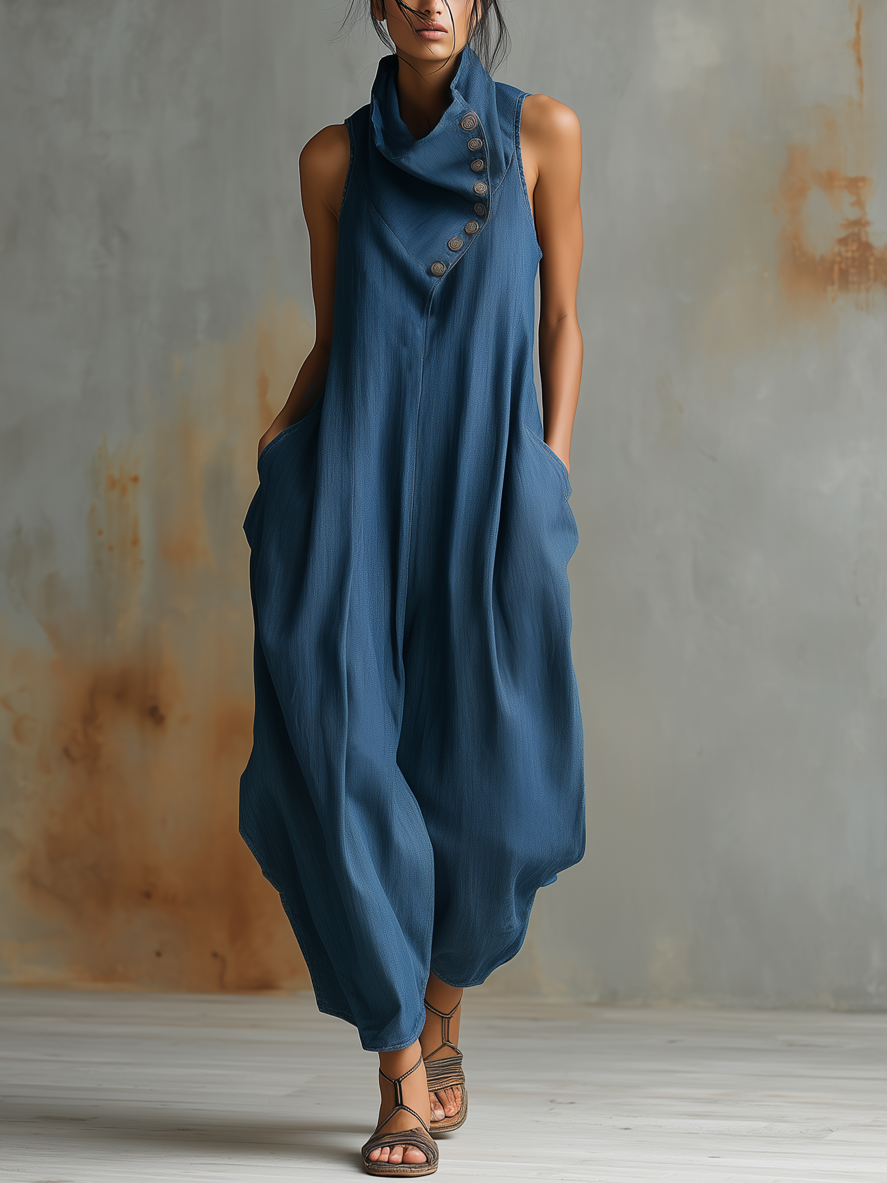 Women's Blue Denim Sleeveless Cowl Neck Jumpsuit