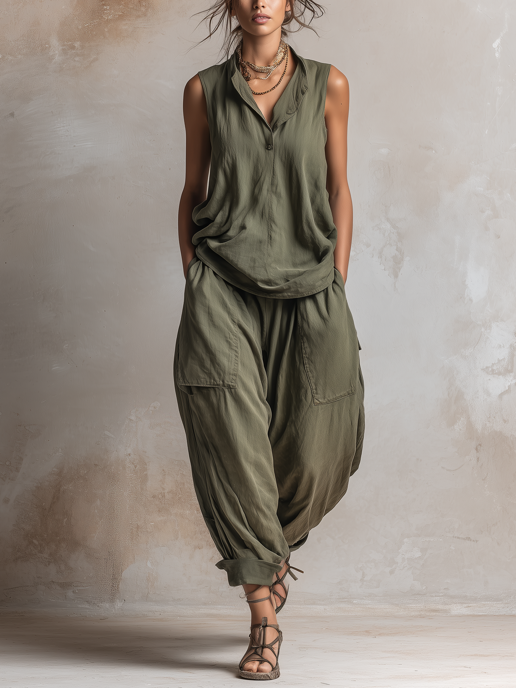 Sleeveless Stand Collar Top & Balloon Harem Pants Two-Piece Set