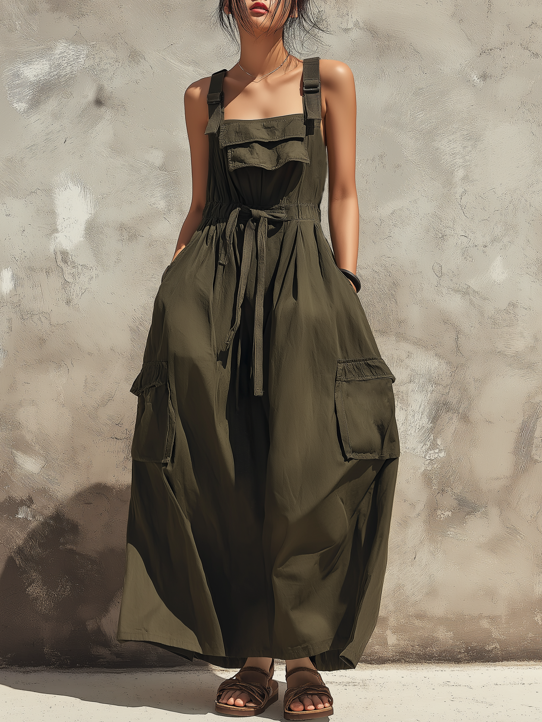 Olive Green Utility Cargo Maxi Dress With Adjustable Straps