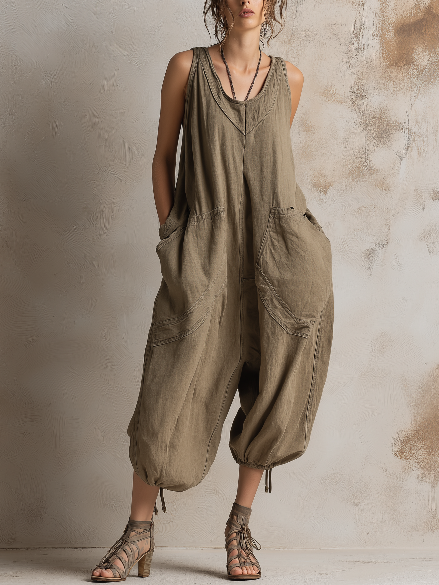 Oversized Sleeveless Balloon Cropped Jumpsuit With Utility Pockets