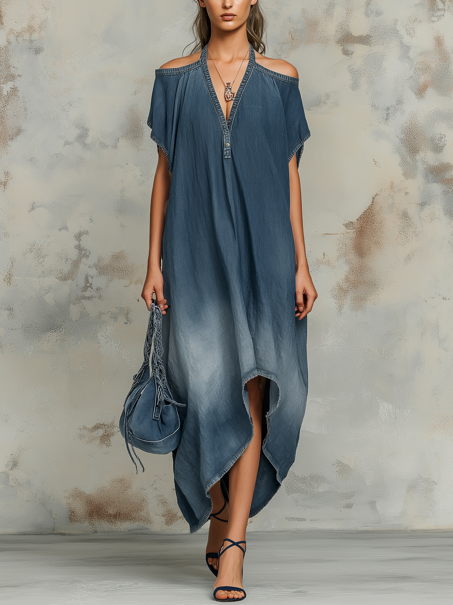 Cold-Shoulder Ombre Denim Maxi Dress With Asymmetric Hem