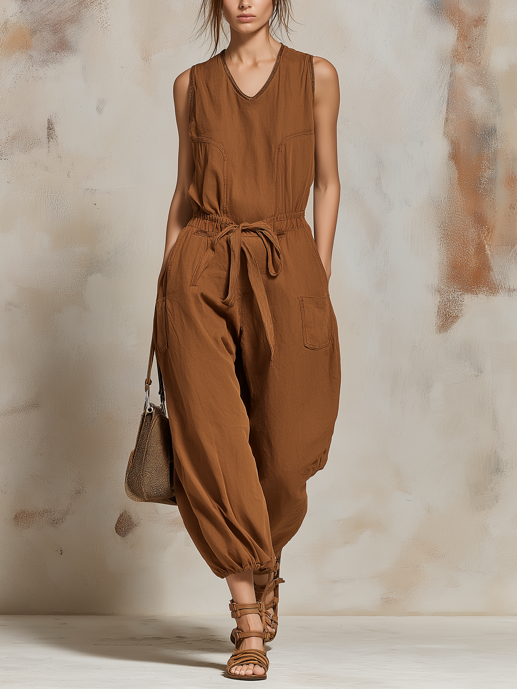 Sleeveless V-Neck Drawstring Waist Balloon Leg Jumpsuit With Utility Pockets