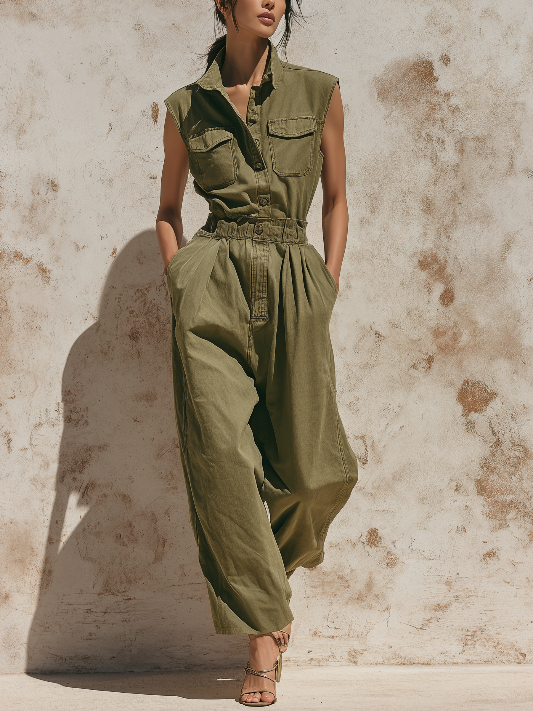 Olive Green Sleeveless Denim Utility Jumpsuit - Paperbag Waist & Pockets
